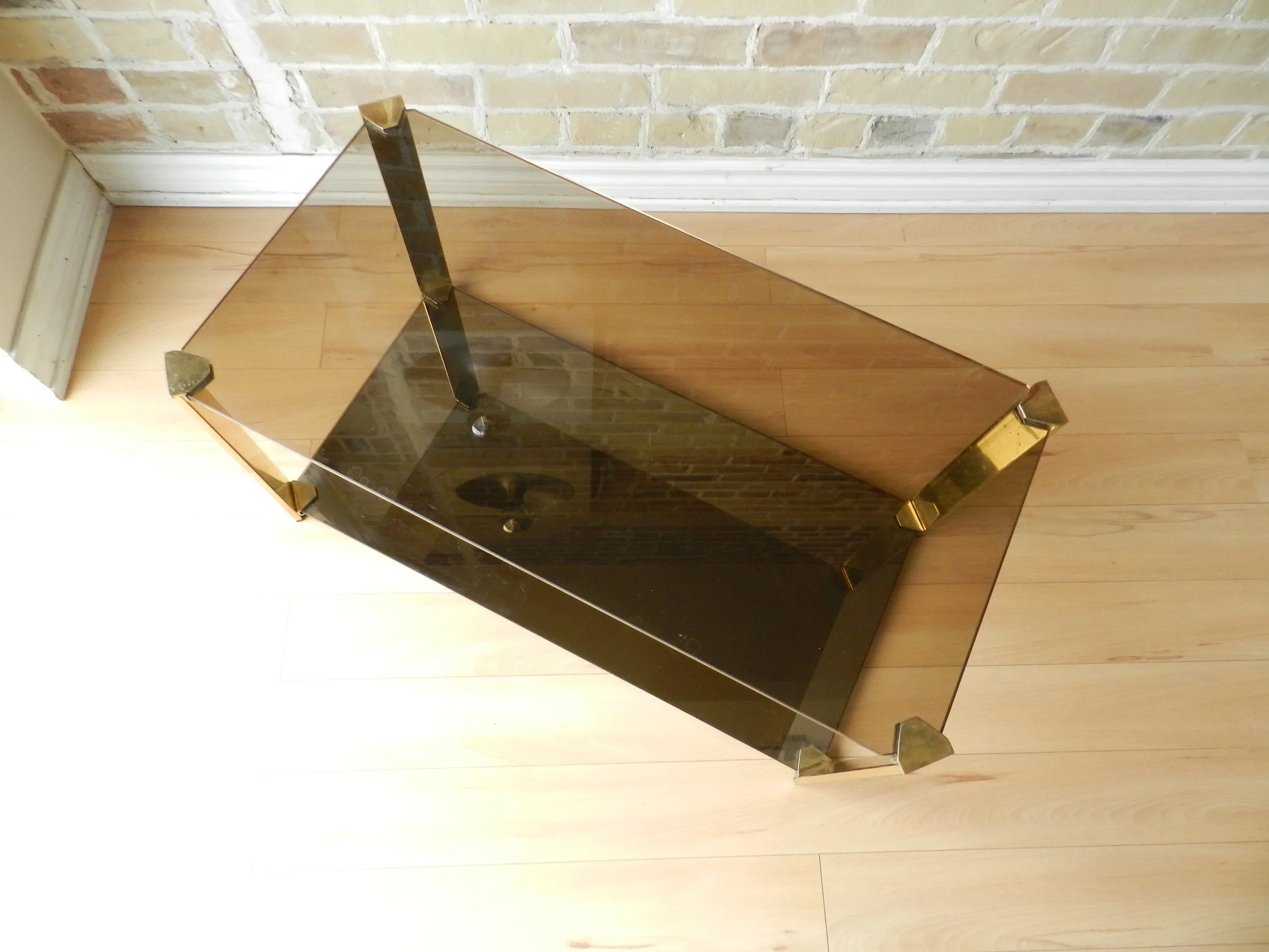 Compact coffee table in brass, tinted glass and tinted mirror by Cidue.  France, 1970s.