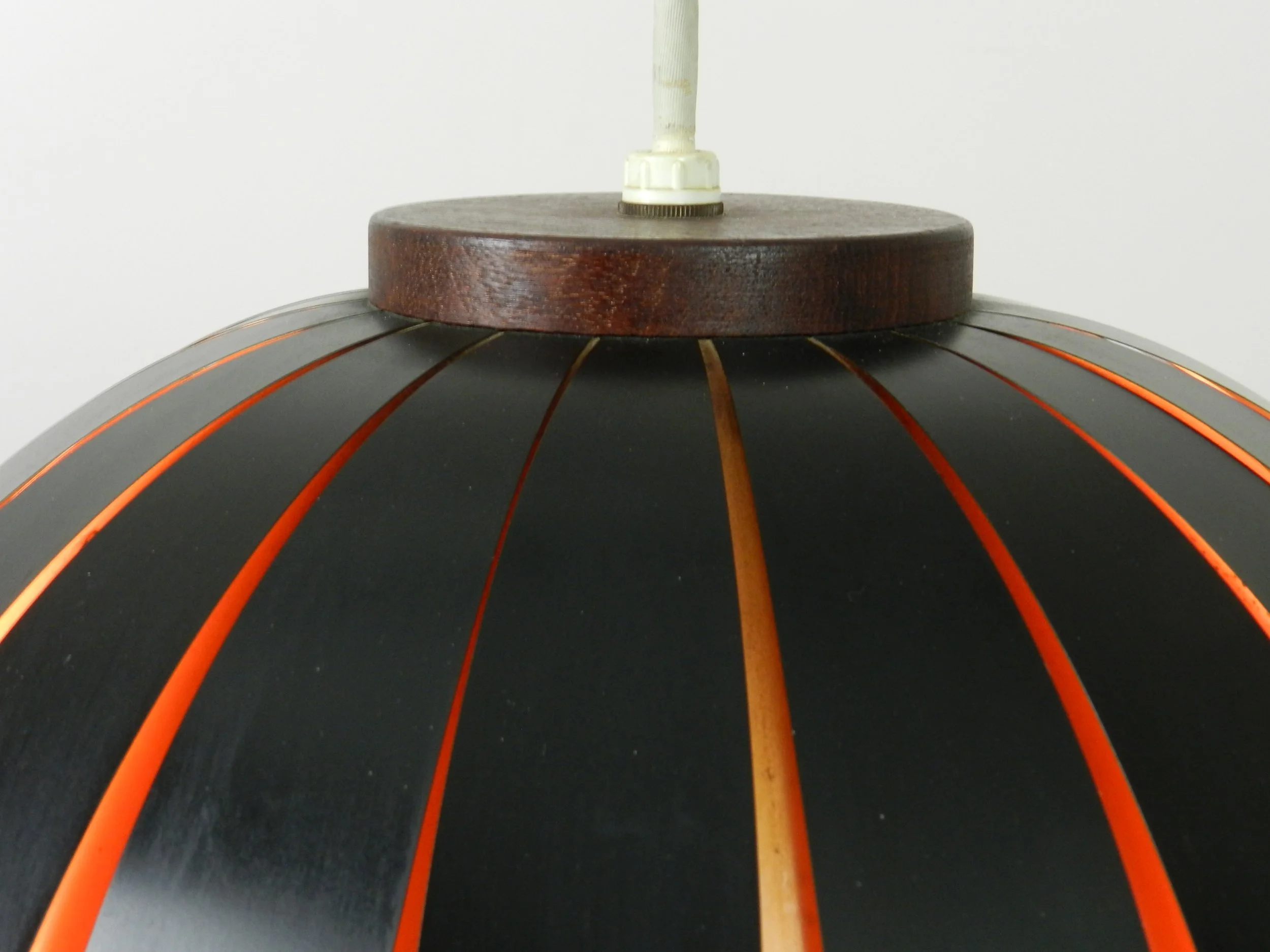 Fiesta pendant lamp designed by Svend Aage Holm Sorensen. Copper, enameled metal and teak.  Denmark, 1960s.