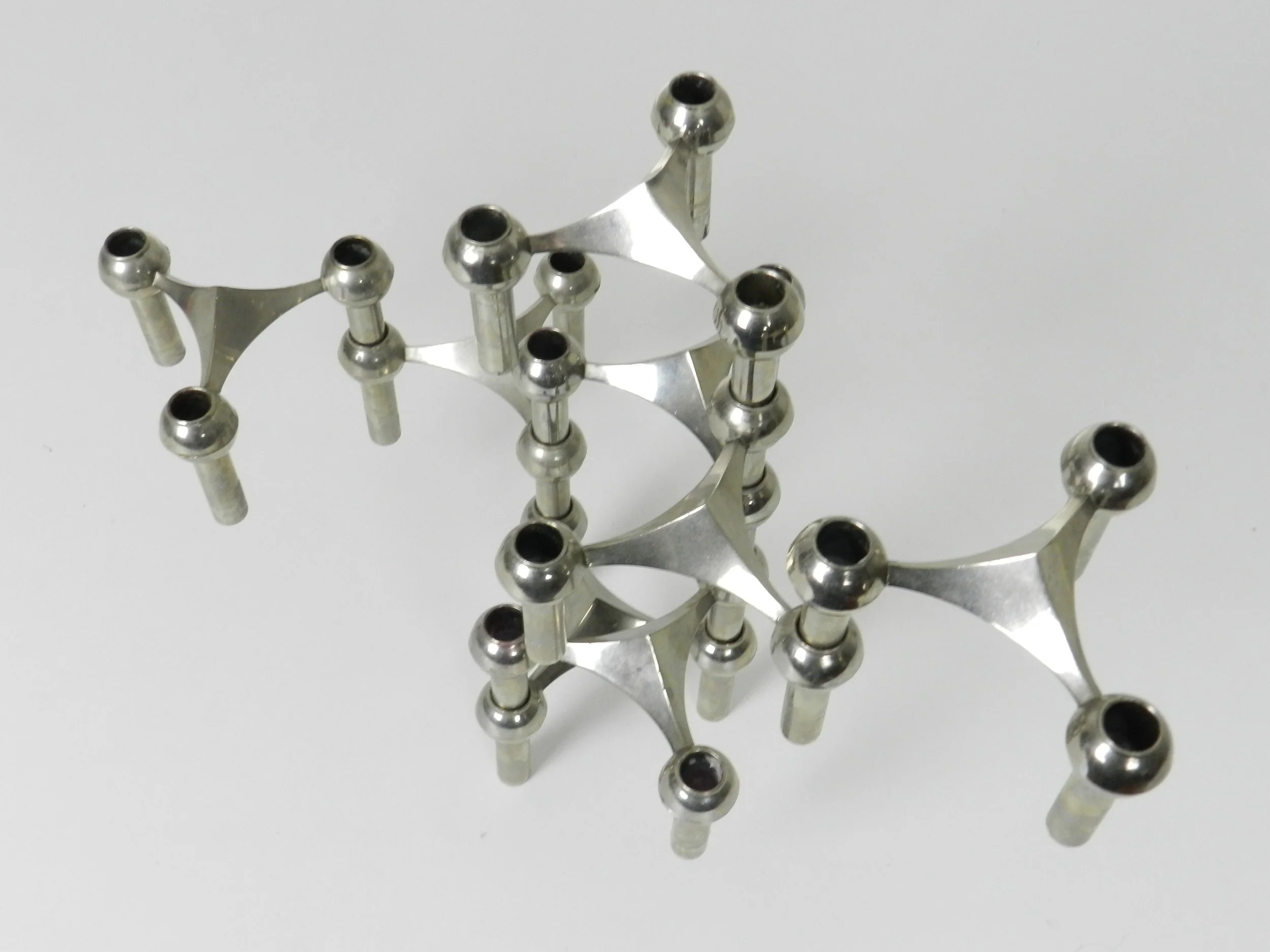 Set of 10 vintage chrome modular candle holders/sculpture designed by Ceasar Stoffi and Fritz Nagel.  Germany, 1960s.