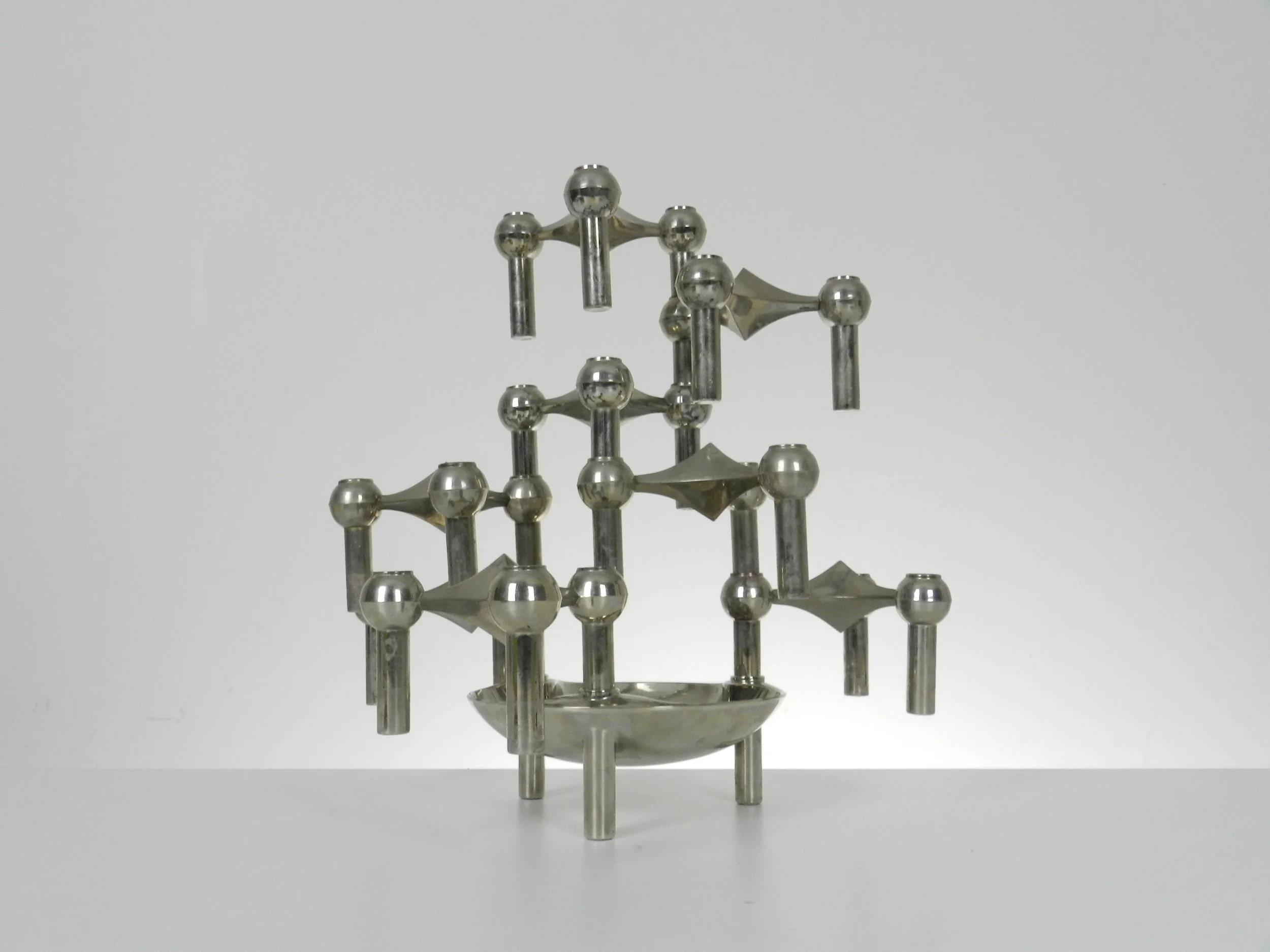 Set of 8 vintage chrome modular candle holders/sculpture plus bowl designed by Ceasar Stoffi and Fritz Nagel.  Germany, 1960s.