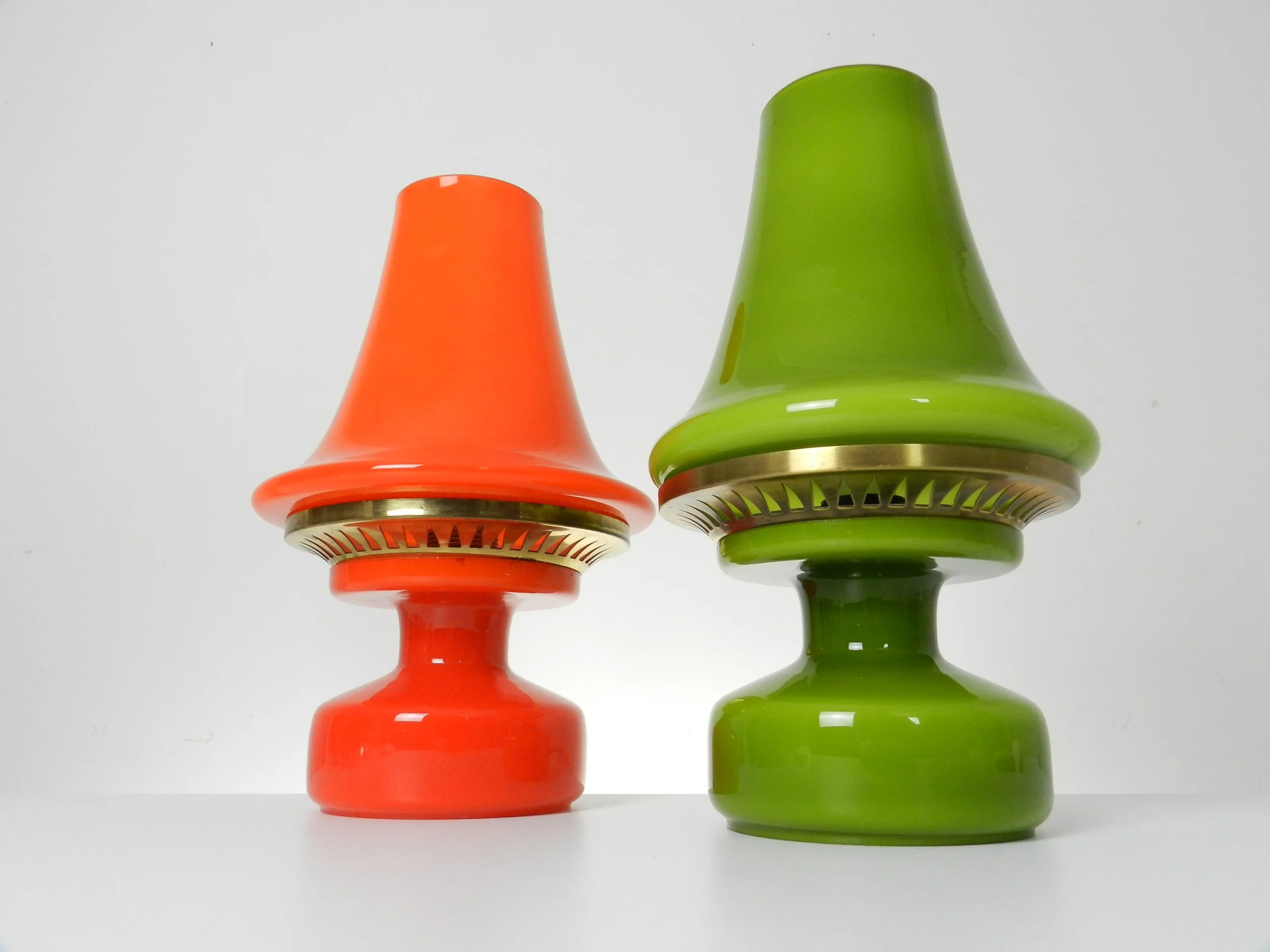 Cased glass and brass B 124 lamps designed by Hans-Agne Jakobsson.  Sweden, 1960s.