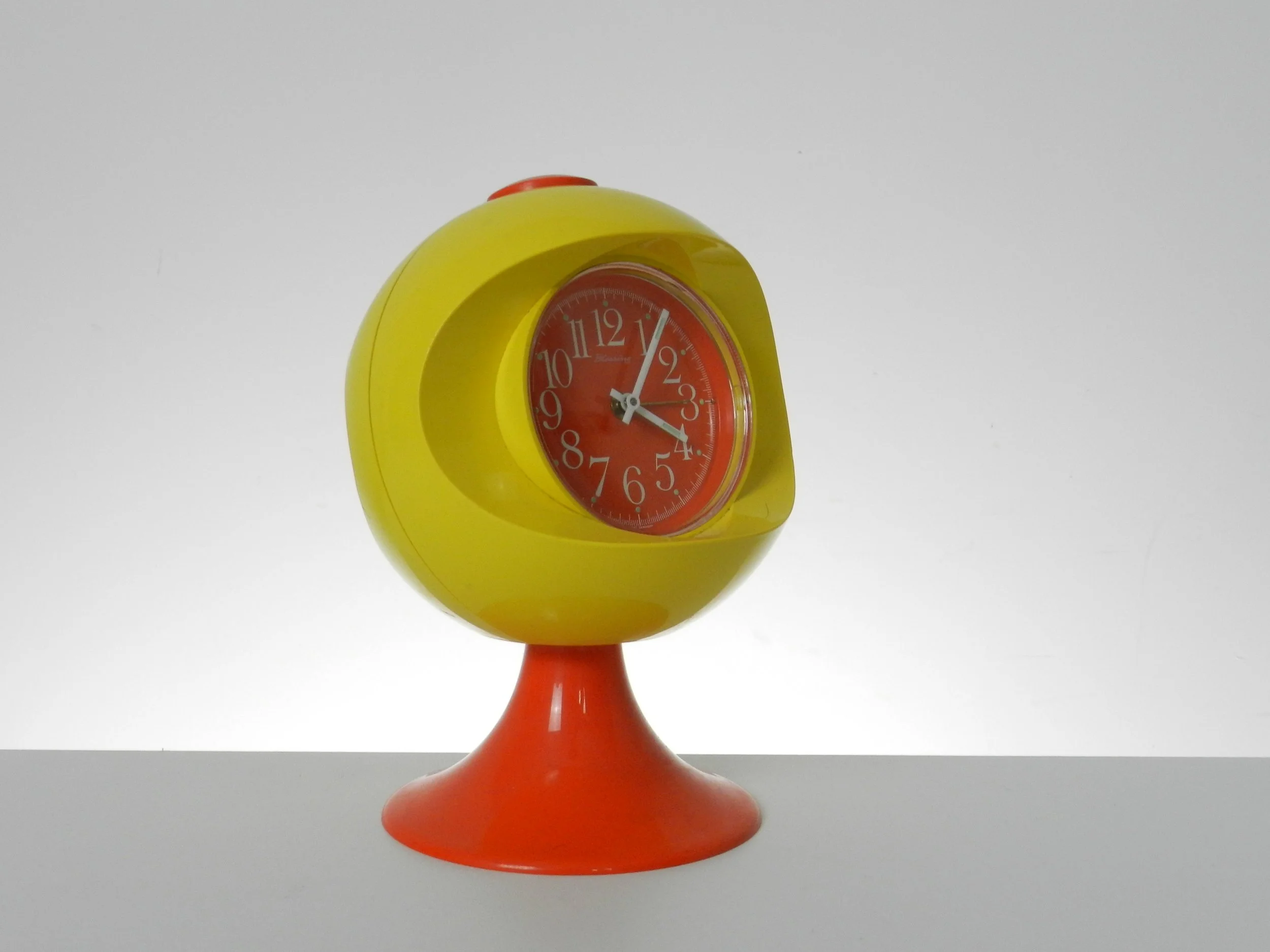 Space age pedestal alarm clock by Blessing.  West Germany, 1970s.