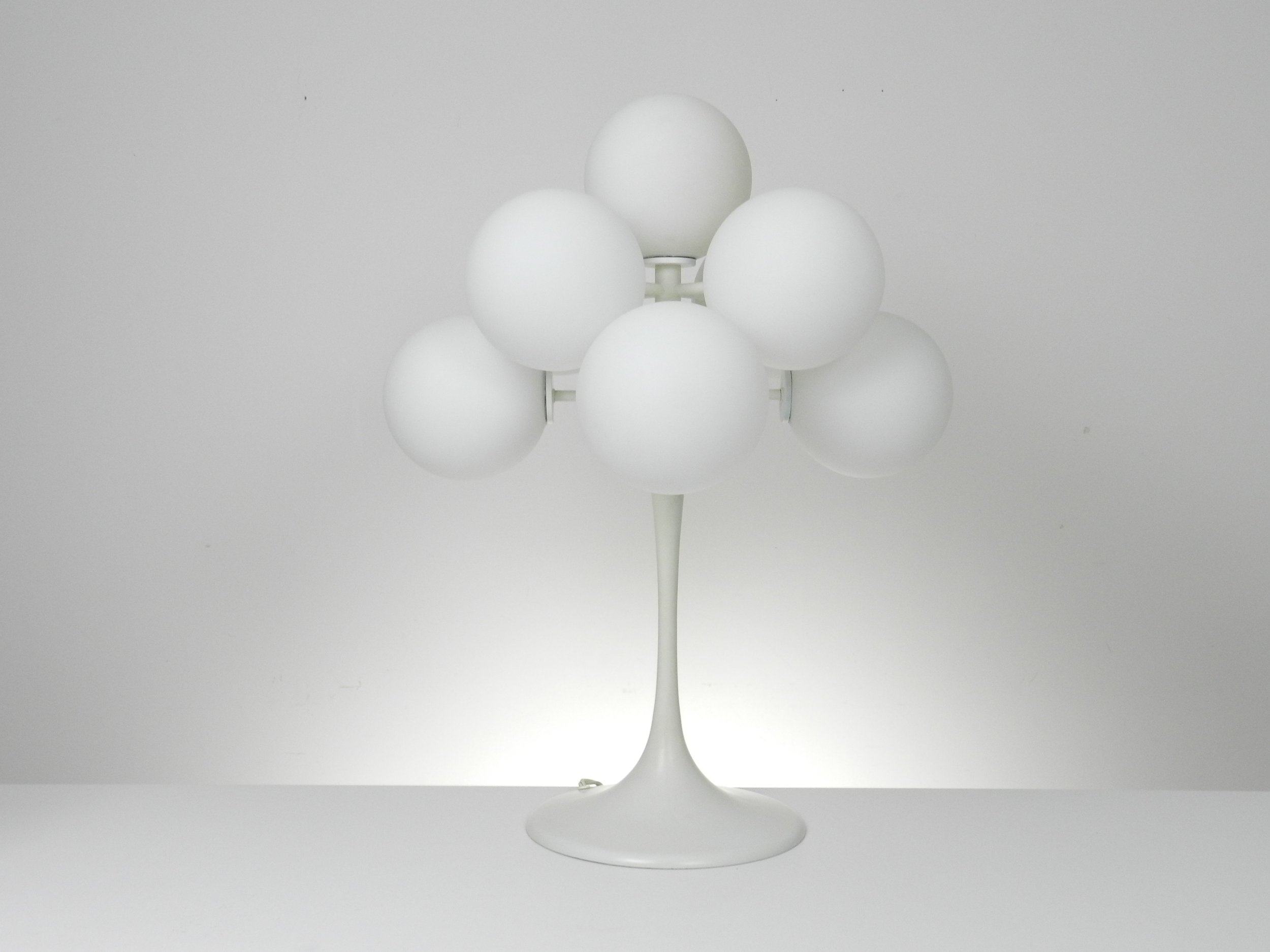 Modernist lamp designed by Eva Renee Nele for Temde. White lacquered metal and opal glass.  Switzerland, 1960s.