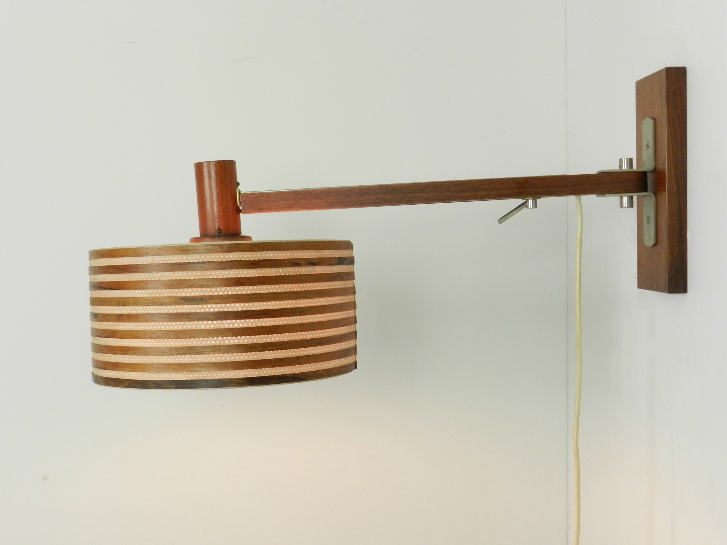 Mid century extendable wall lamp in rosewood and chrome with original shade.  Denmark, 1960s.