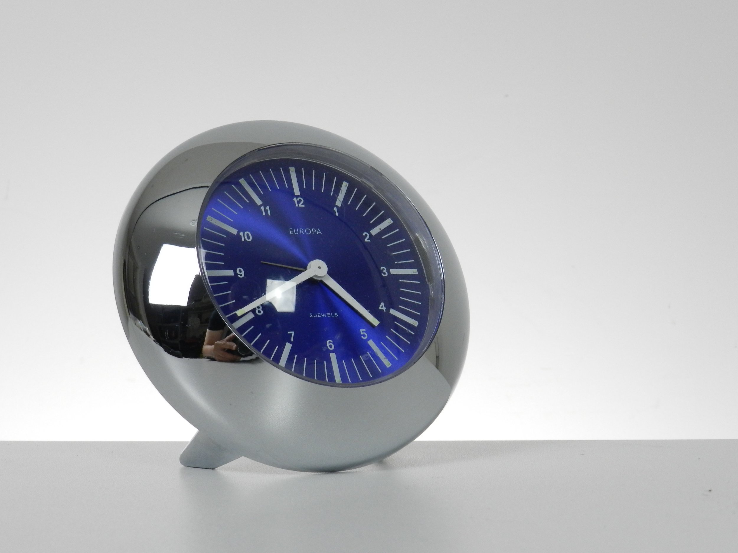 Space age chromed plastic alarm clock by Europa.  Germany, 1960s.