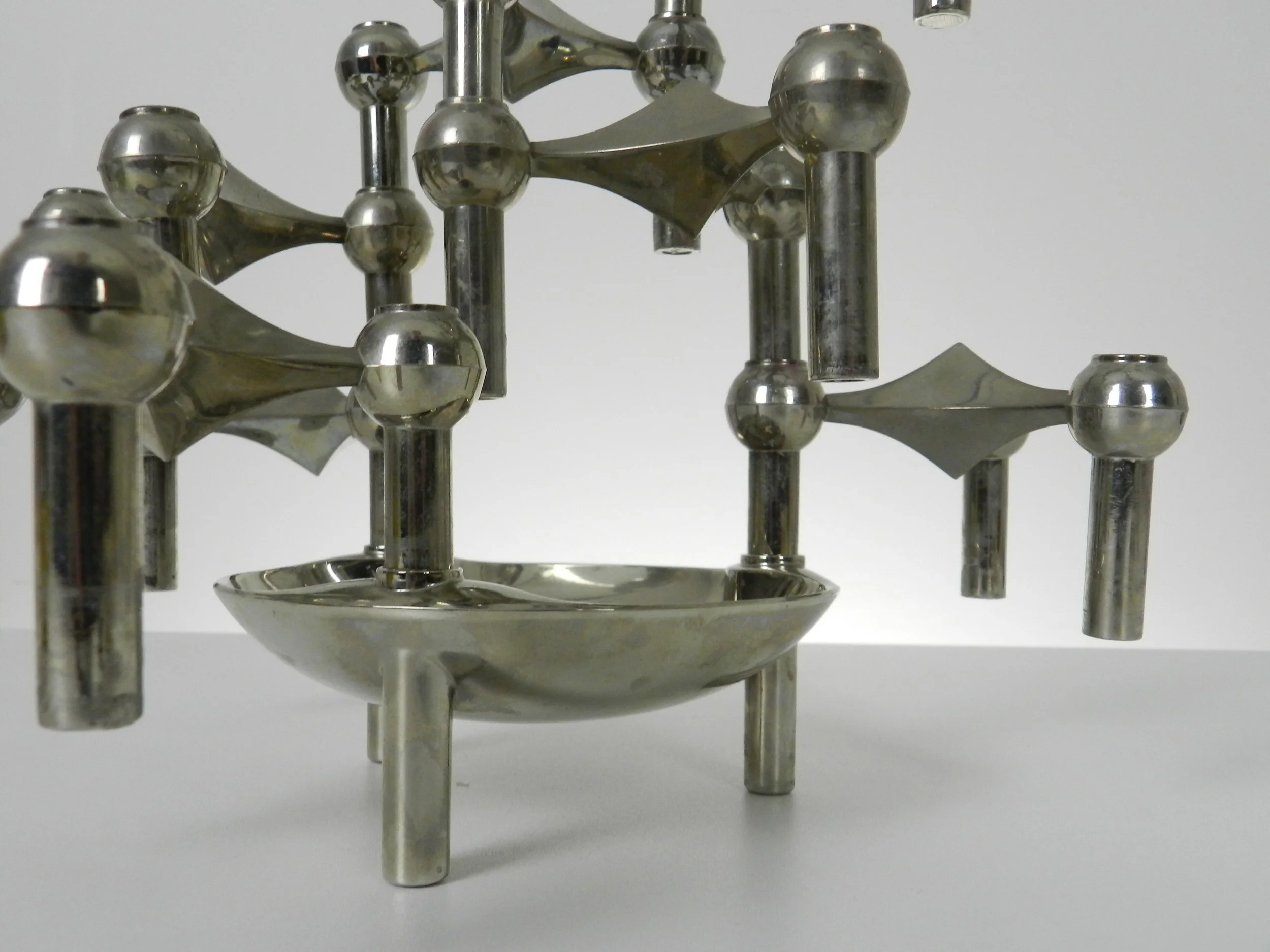 Set of 8 vintage chrome modular candle holders/sculpture plus bowl designed by Ceasar Stoffi and Fritz Nagel.  Germany, 1960s.