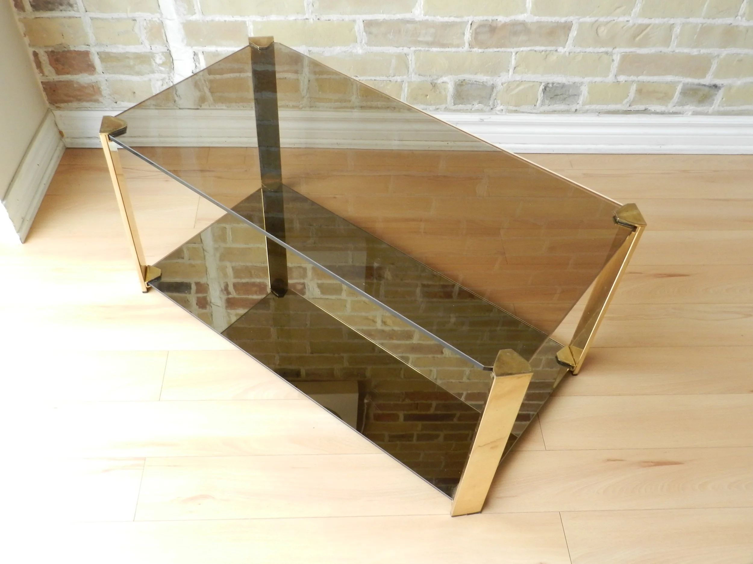 Compact coffee table in brass, tinted glass and tinted mirror by Cidue.  France, 1970s.