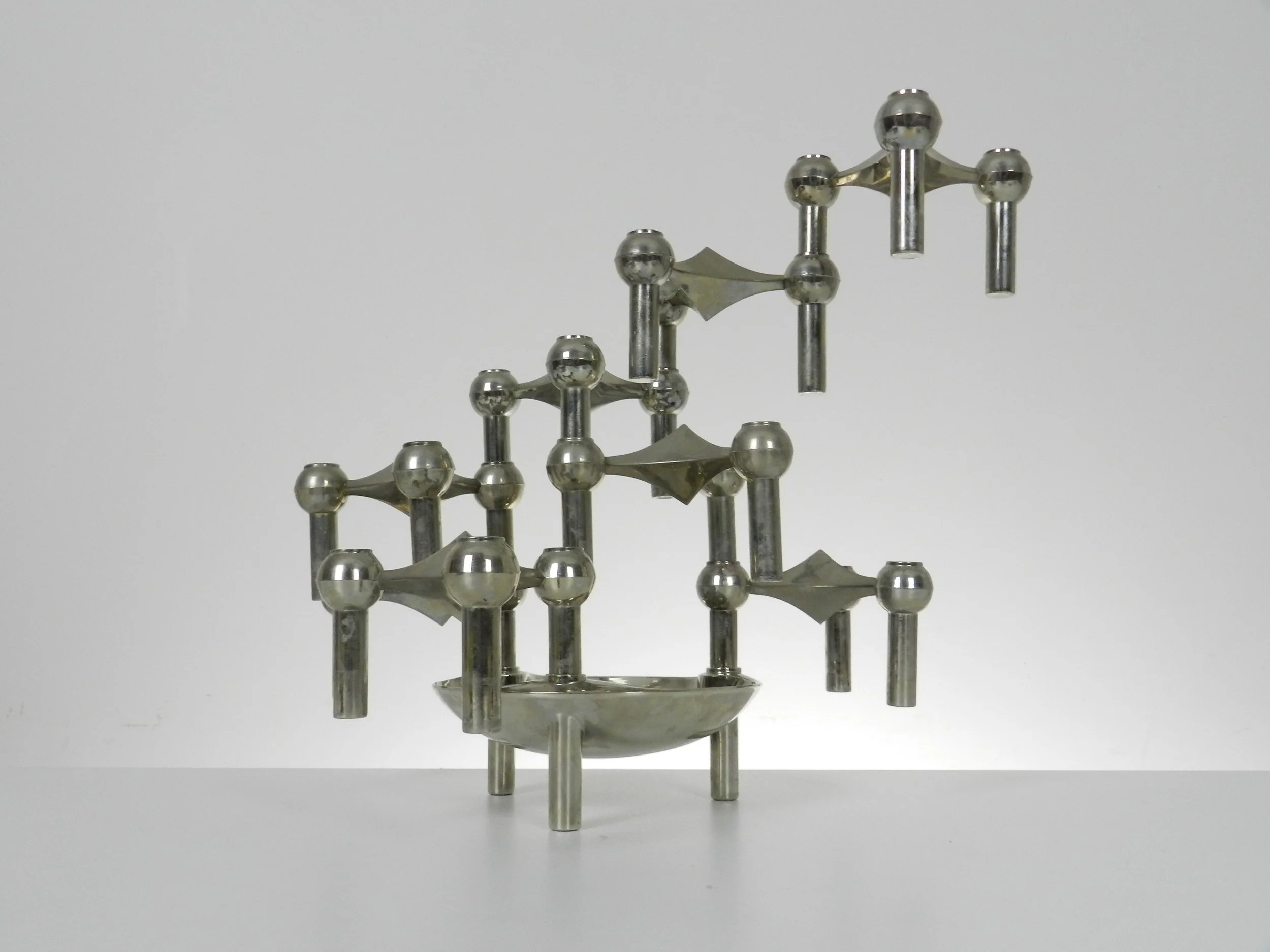 Set of 8 vintage chrome modular candle holders/sculpture plus bowl designed by Ceasar Stoffi and Fritz Nagel.  Germany, 1960s.