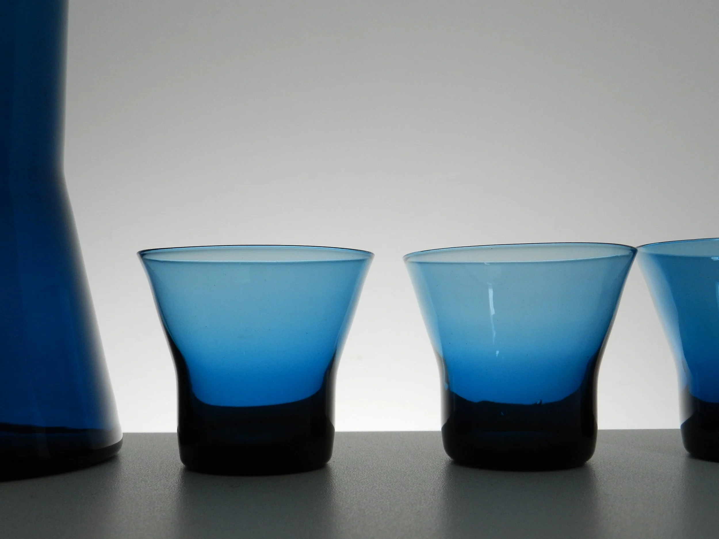 Mid century Scandinavian glass decanter and 3 glasses.  circa 1960s.