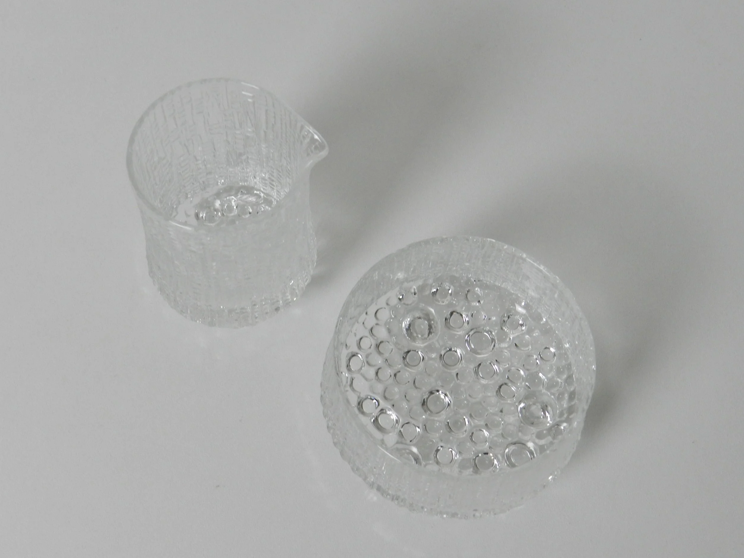 Glass ‘Ultima Thule’ cream and sugar bowl designed by Tapio Wirkkala for Iittala.  Finland, 1960s.