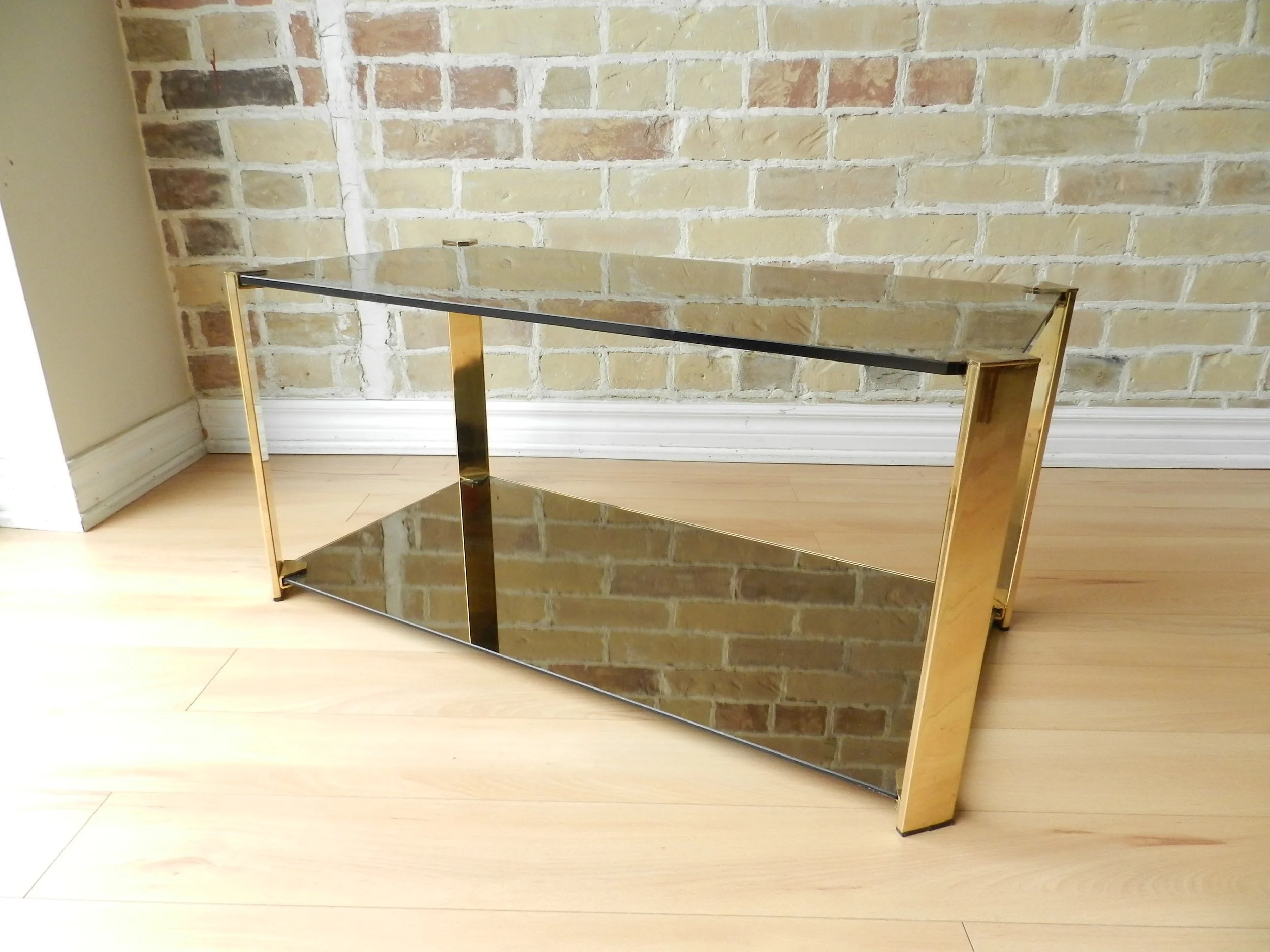 Compact coffee table in brass, tinted glass and tinted mirror by Cidue.  France, 1970s.