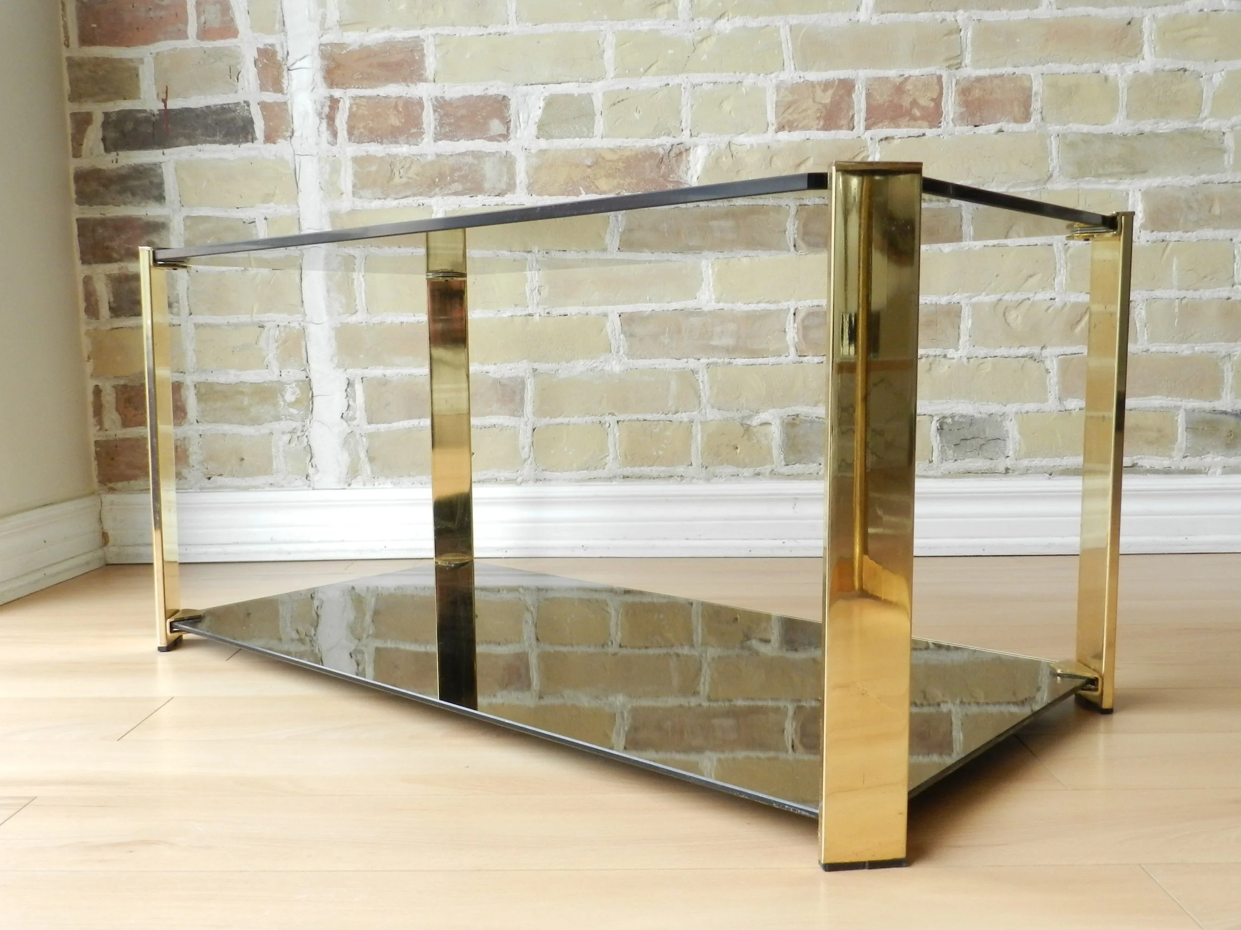 Compact coffee table in brass, tinted glass and tinted mirror by Cidue.  France, 1970s.