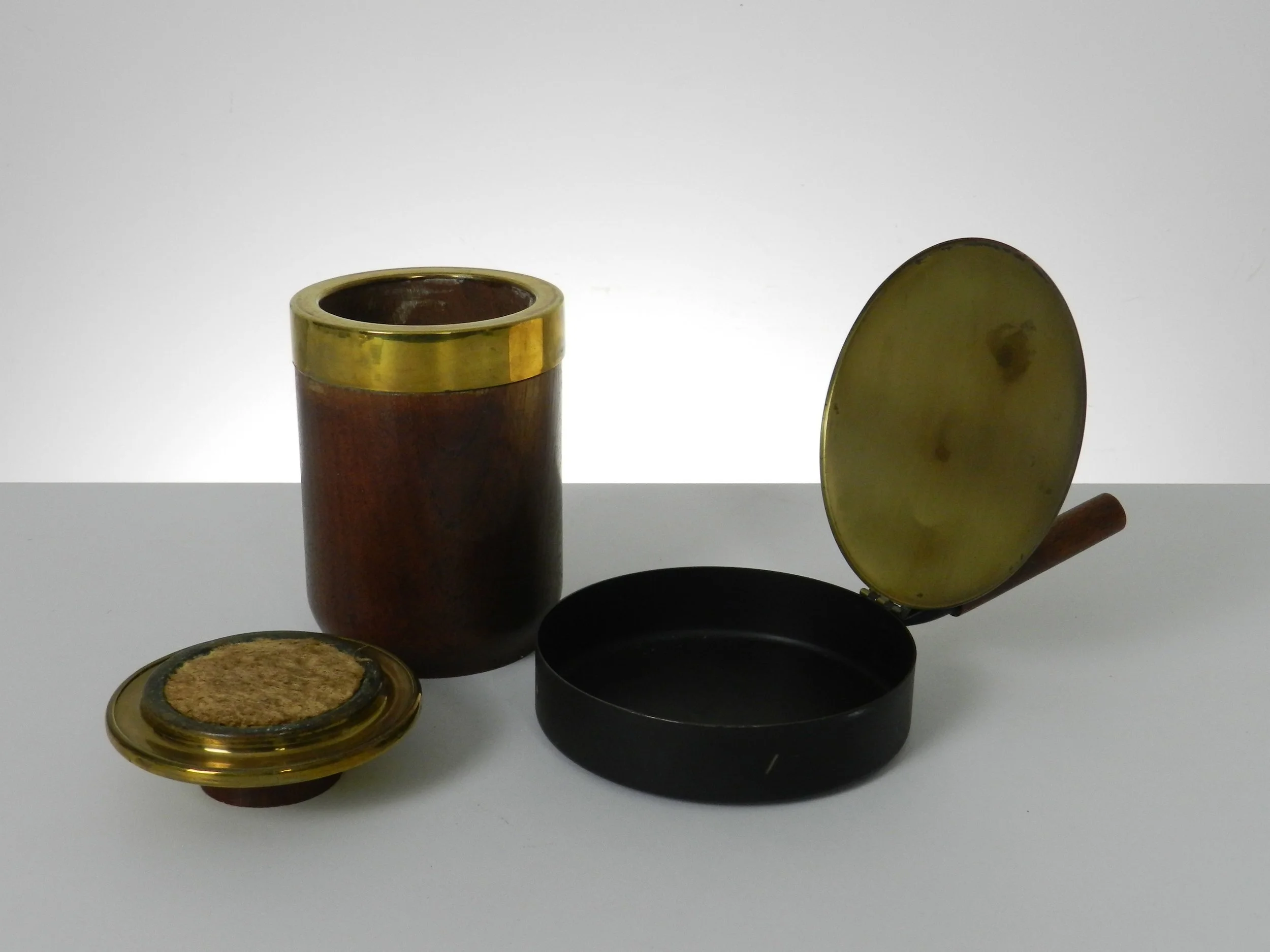 Vintage humidor and silent butler in teak and brass.  Italy, 1960s.