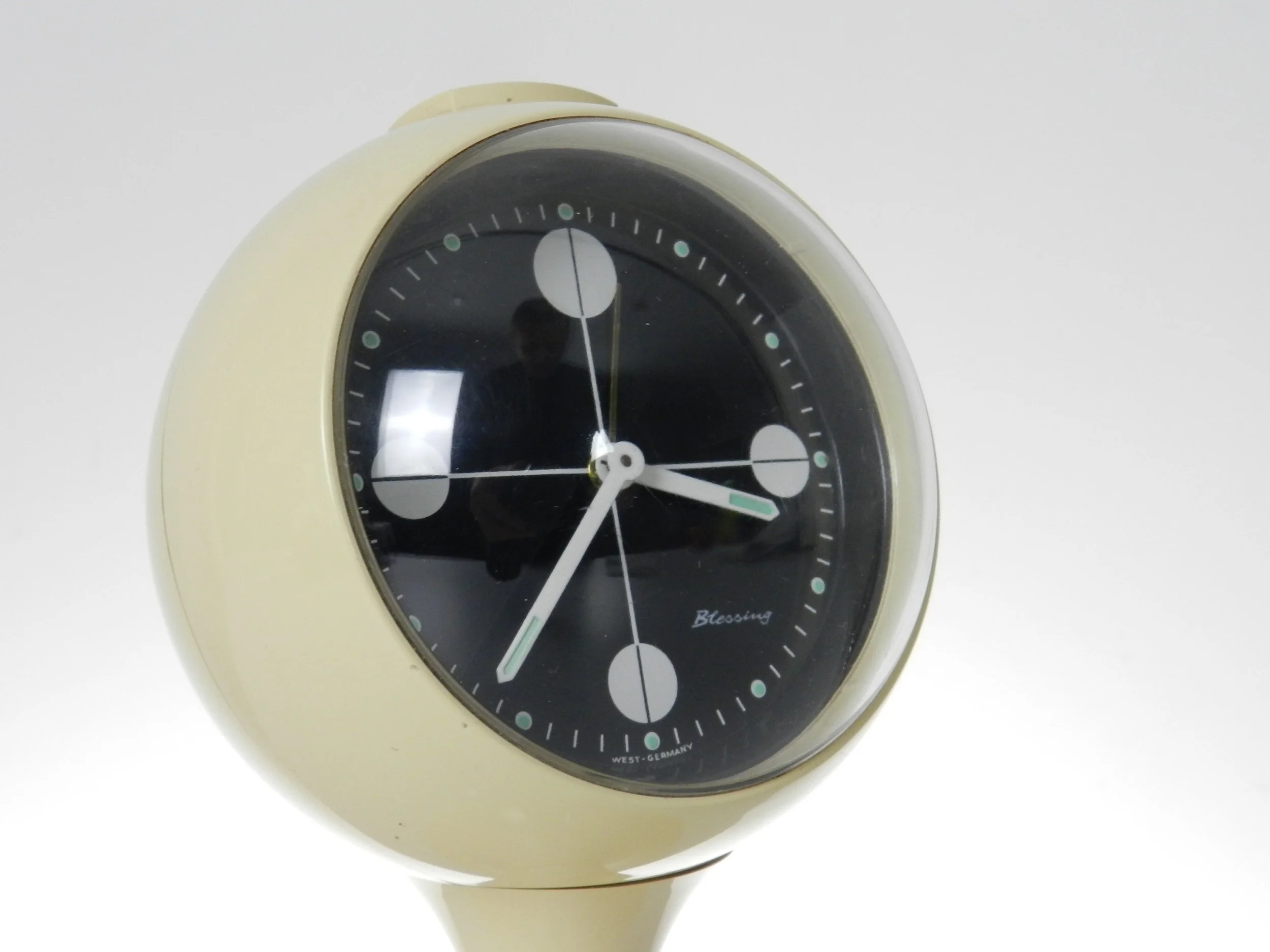 Space age pedestal alarm clock by Blessing.  West Germany, 1970s.