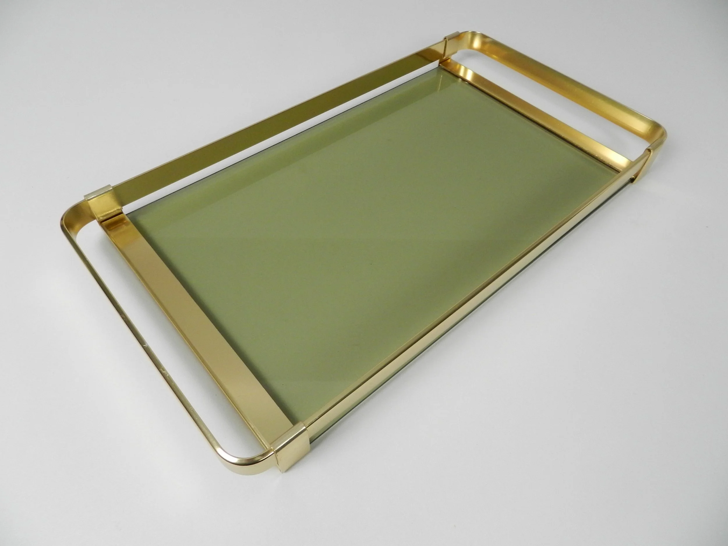Modernist tray in brass and smoked glass by MB.  Italy, 1970s.