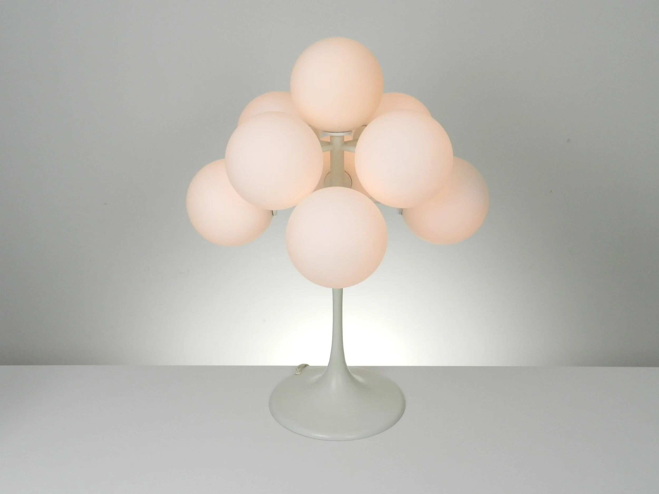 Modernist lamp designed by Eva Renee Nele for Temde. White lacquered metal and opal glass.  Switzerland, 1960s.