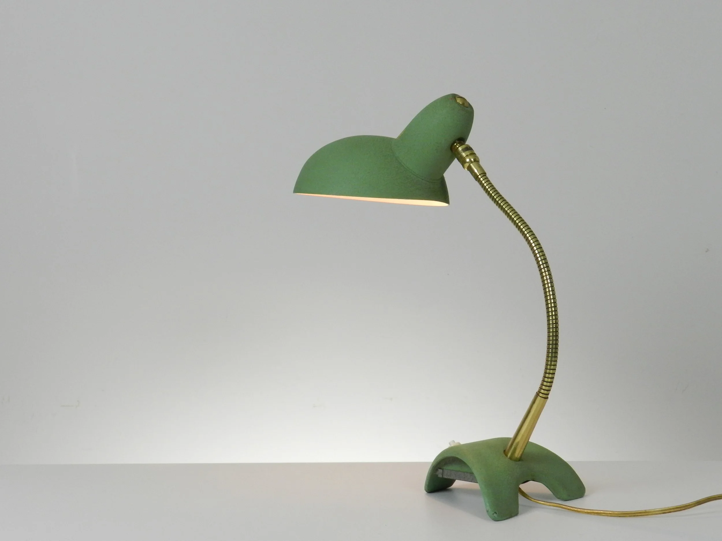 Mid century modern desk lamp in enameled metal and brass.  France, 1960s.