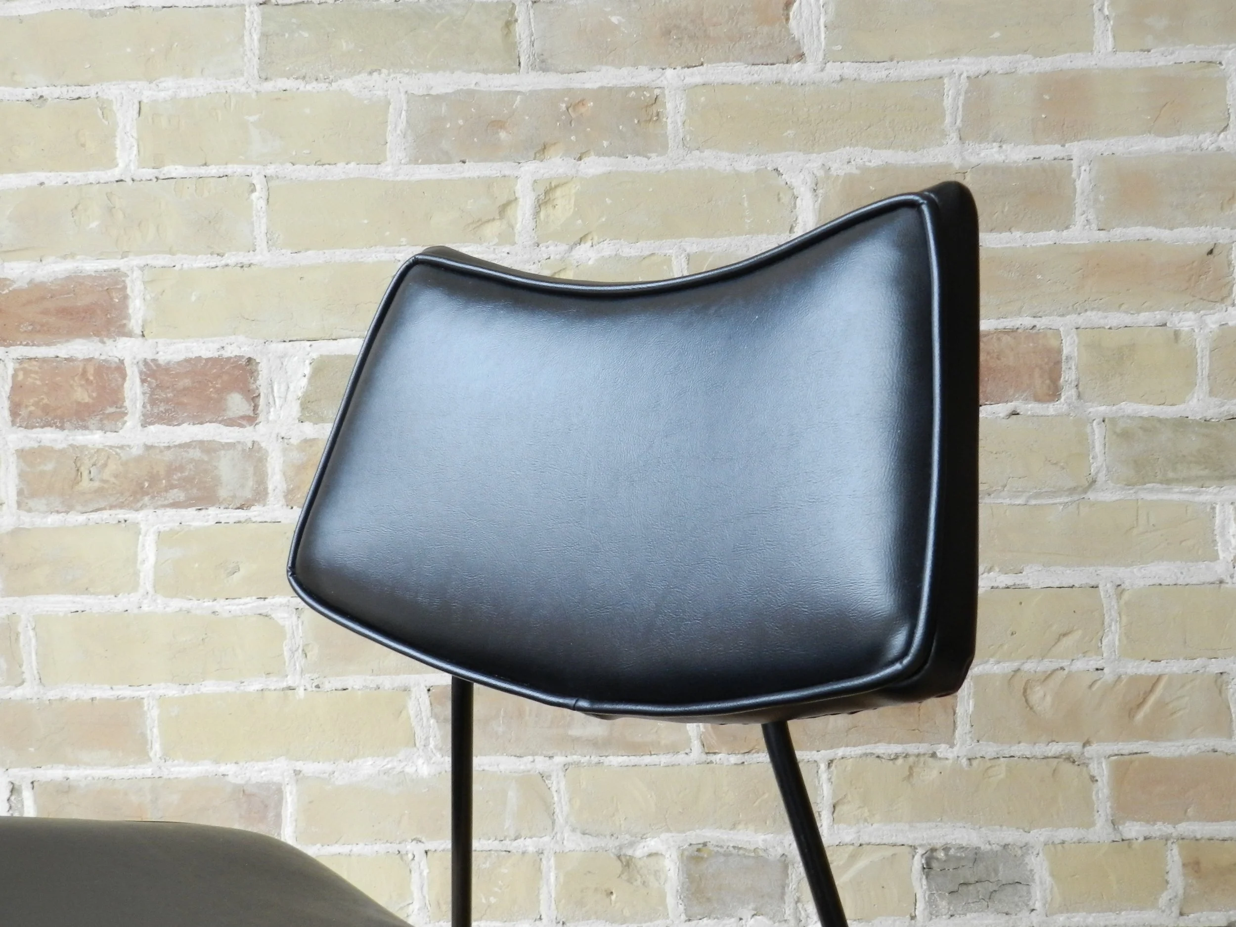 Pair of rare Canadian design Video Chairs by Arrow Bedding. Wrought iron and bent plywood with vinyl upholstery.  Canada, 1950s.