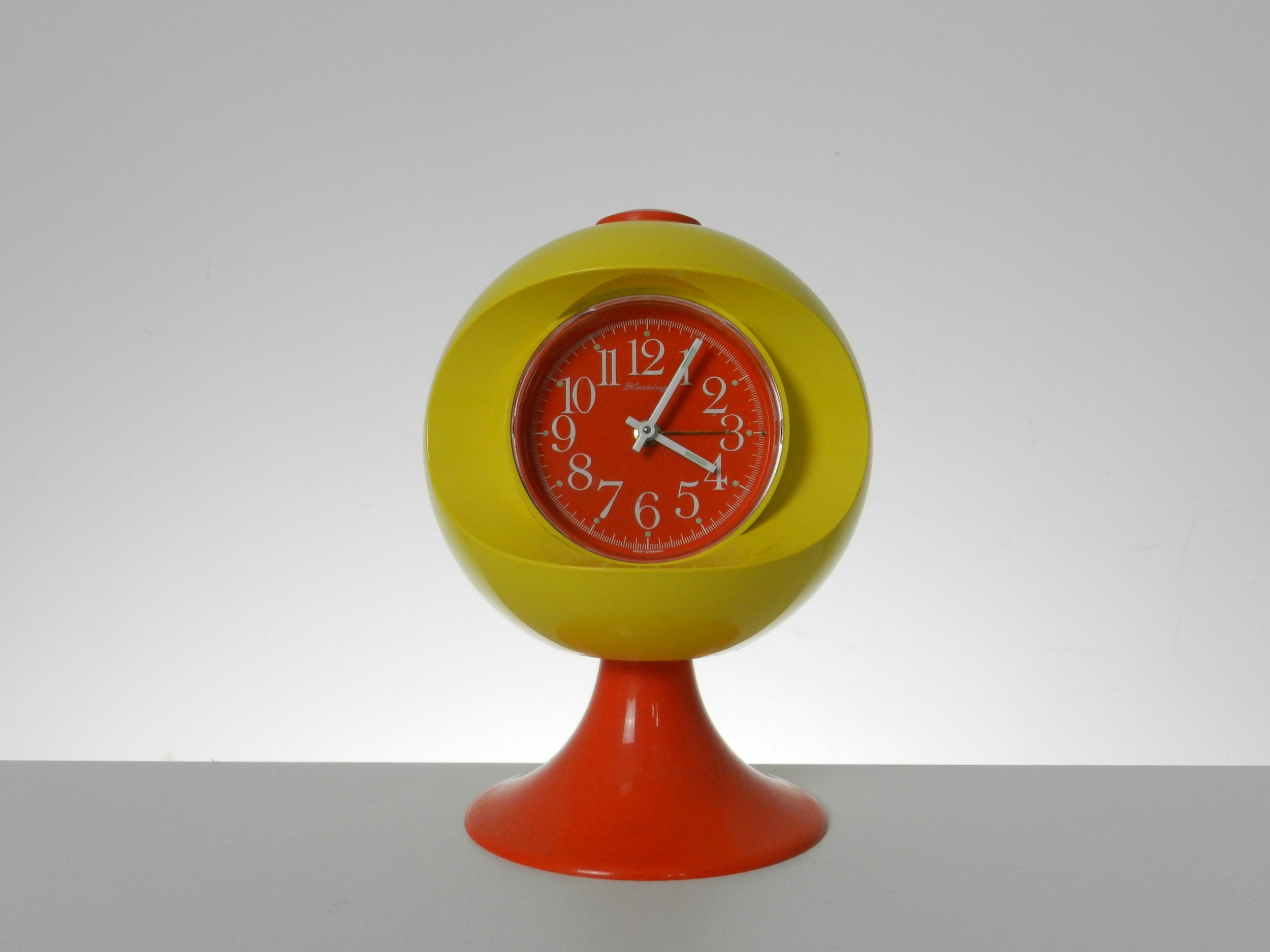 Space age pedestal alarm clock by Blessing.  West Germany, 1970s.