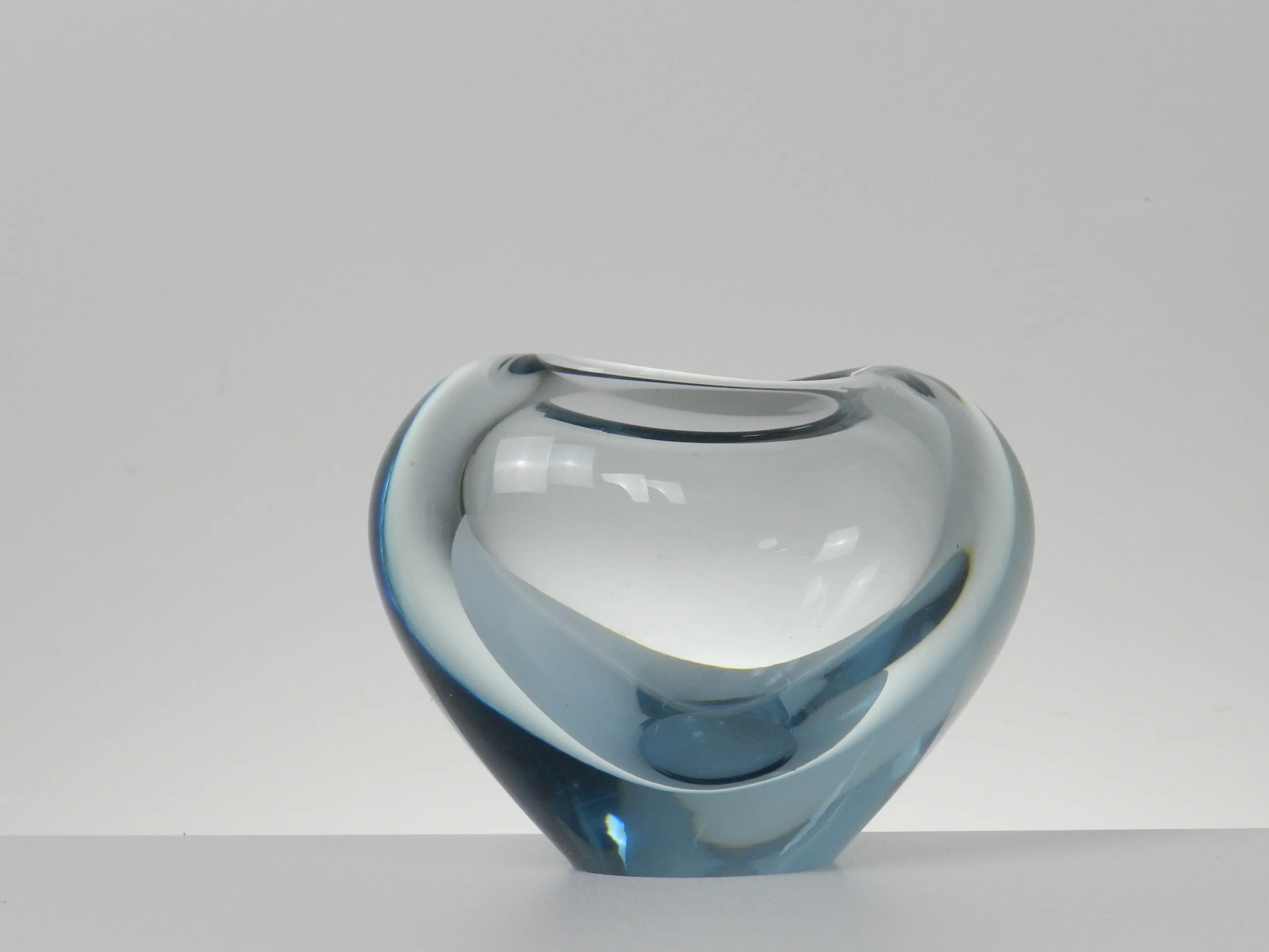 Blue glass heart vase designed by Per Lutken for Holmegaard.  Denmark, 1960.