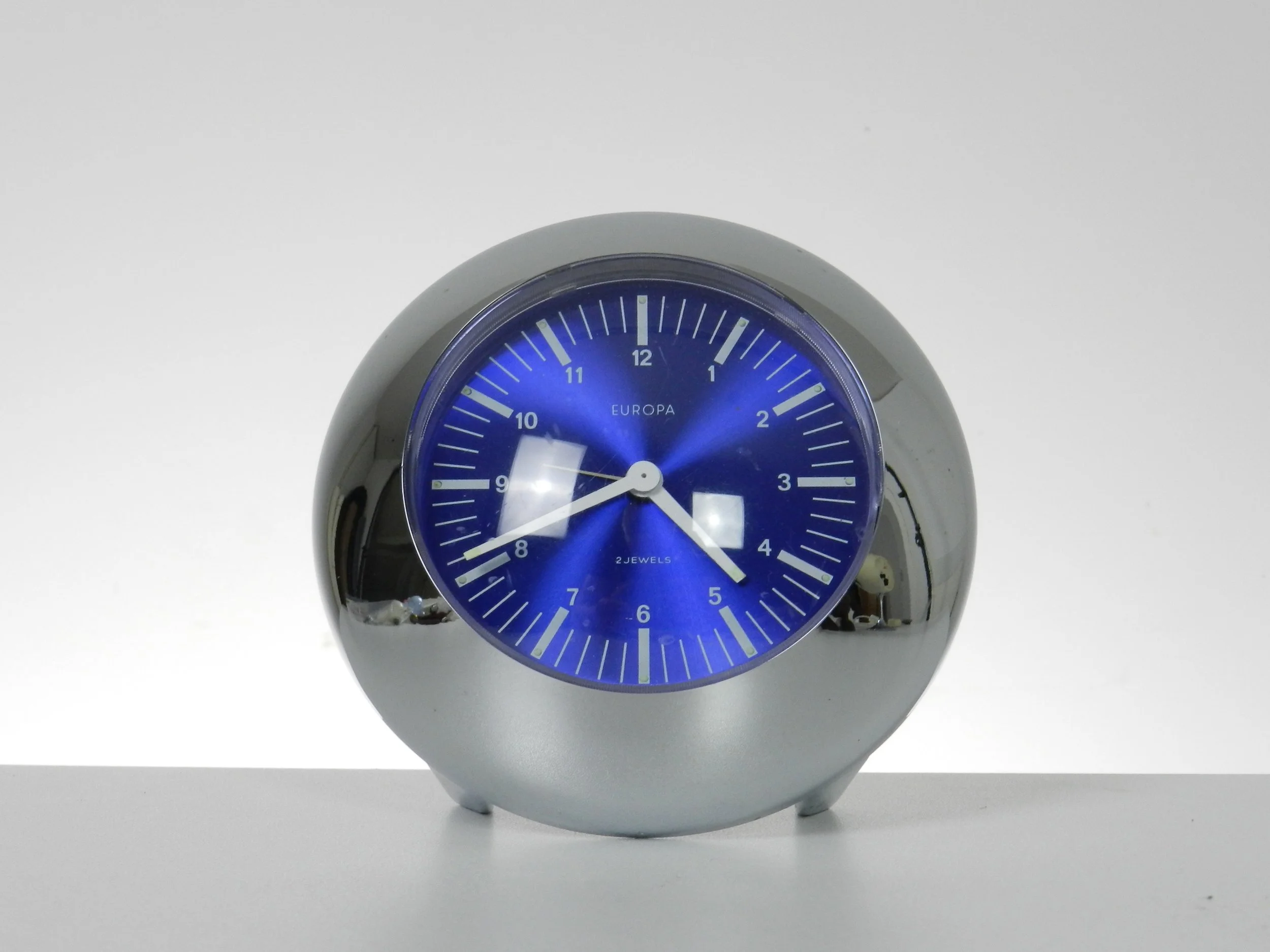 Space age chromed plastic alarm clock by Europa.  Germany, 1960s.