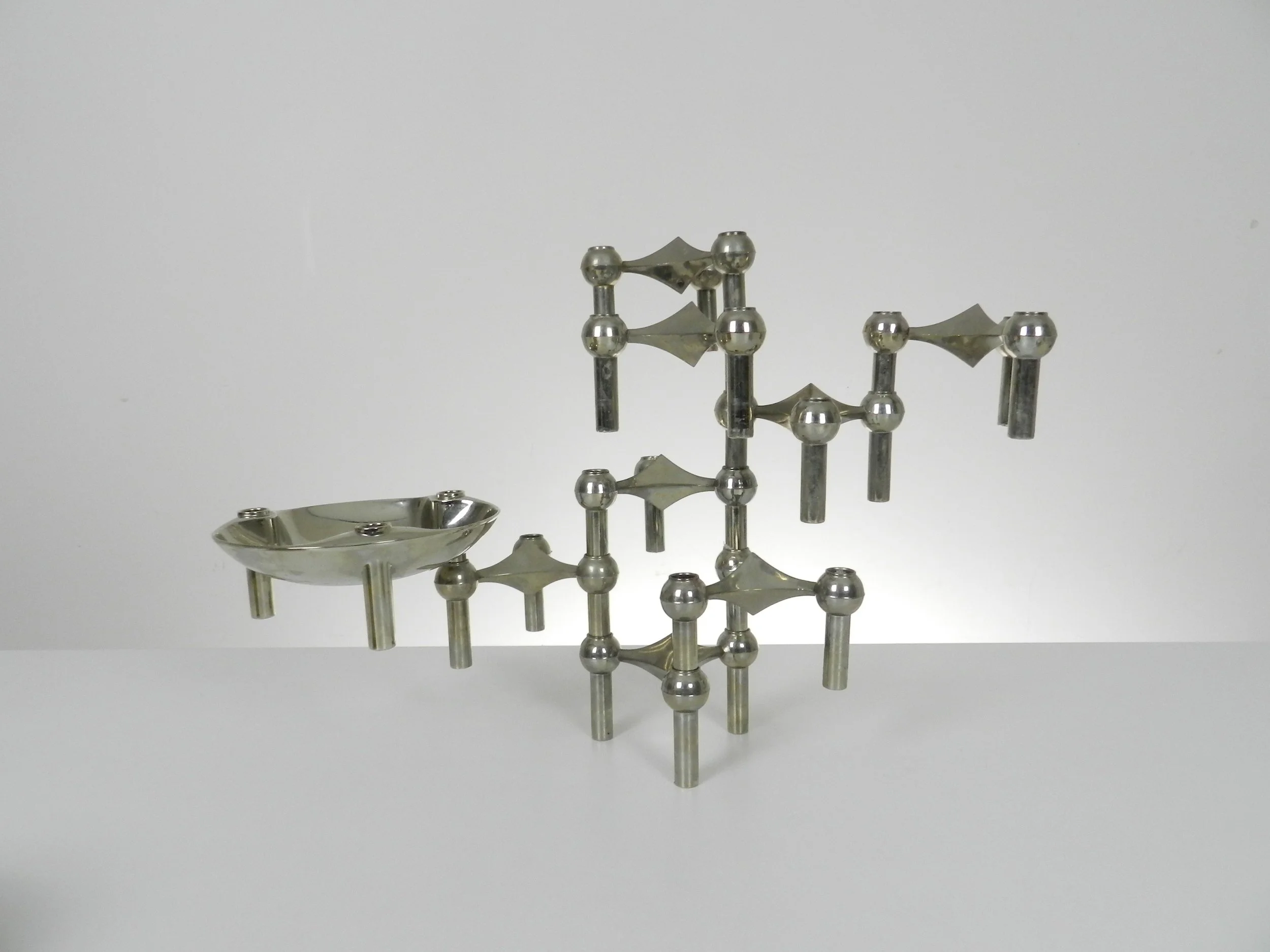 Set of 8 vintage chrome modular candle holders/sculpture plus bowl designed by Ceasar Stoffi and Fritz Nagel.  Germany, 1960s.
