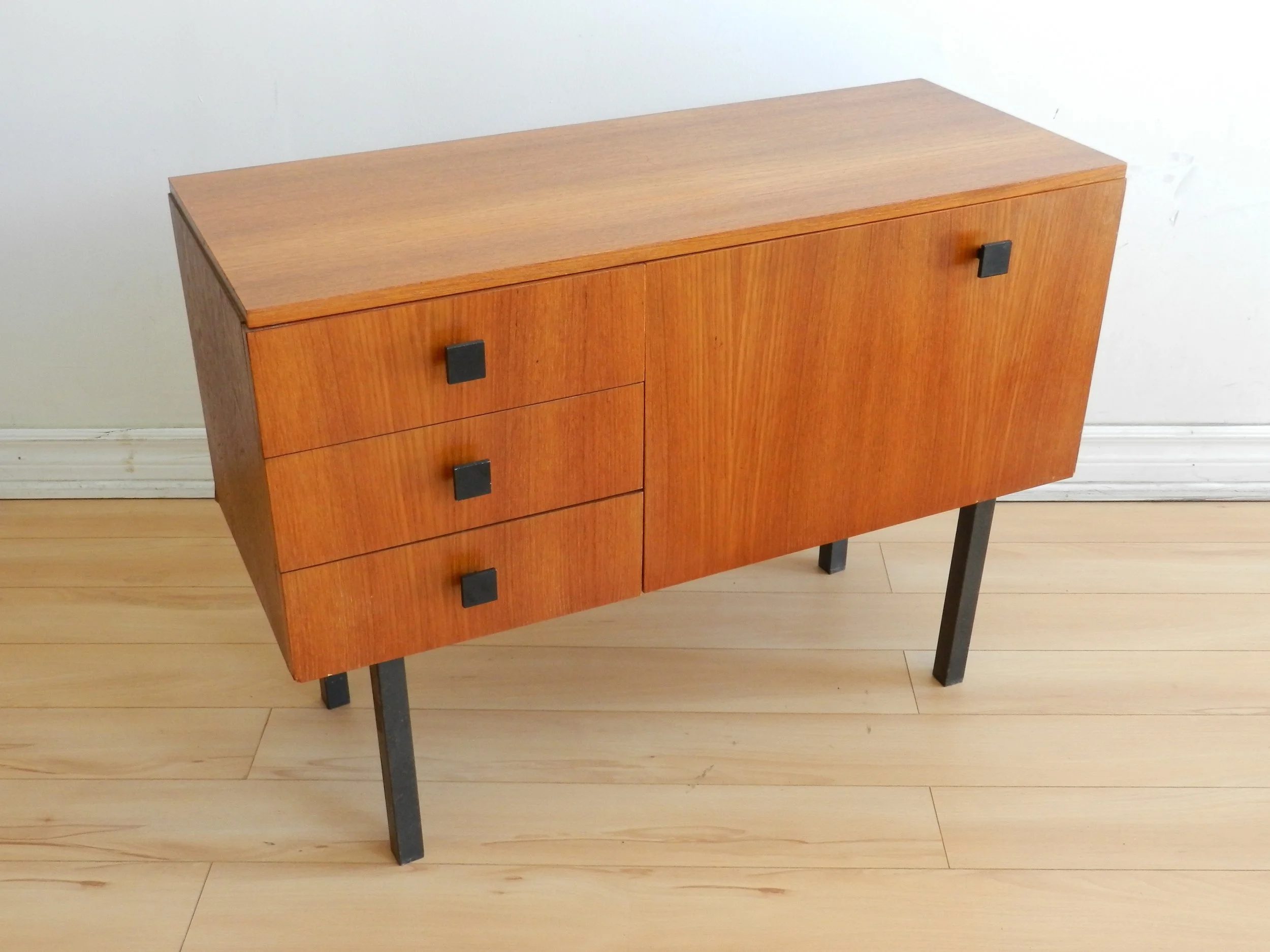 Teak entry or bar cabinet with metel legs and hardware.  Scandinavia, 1970s.