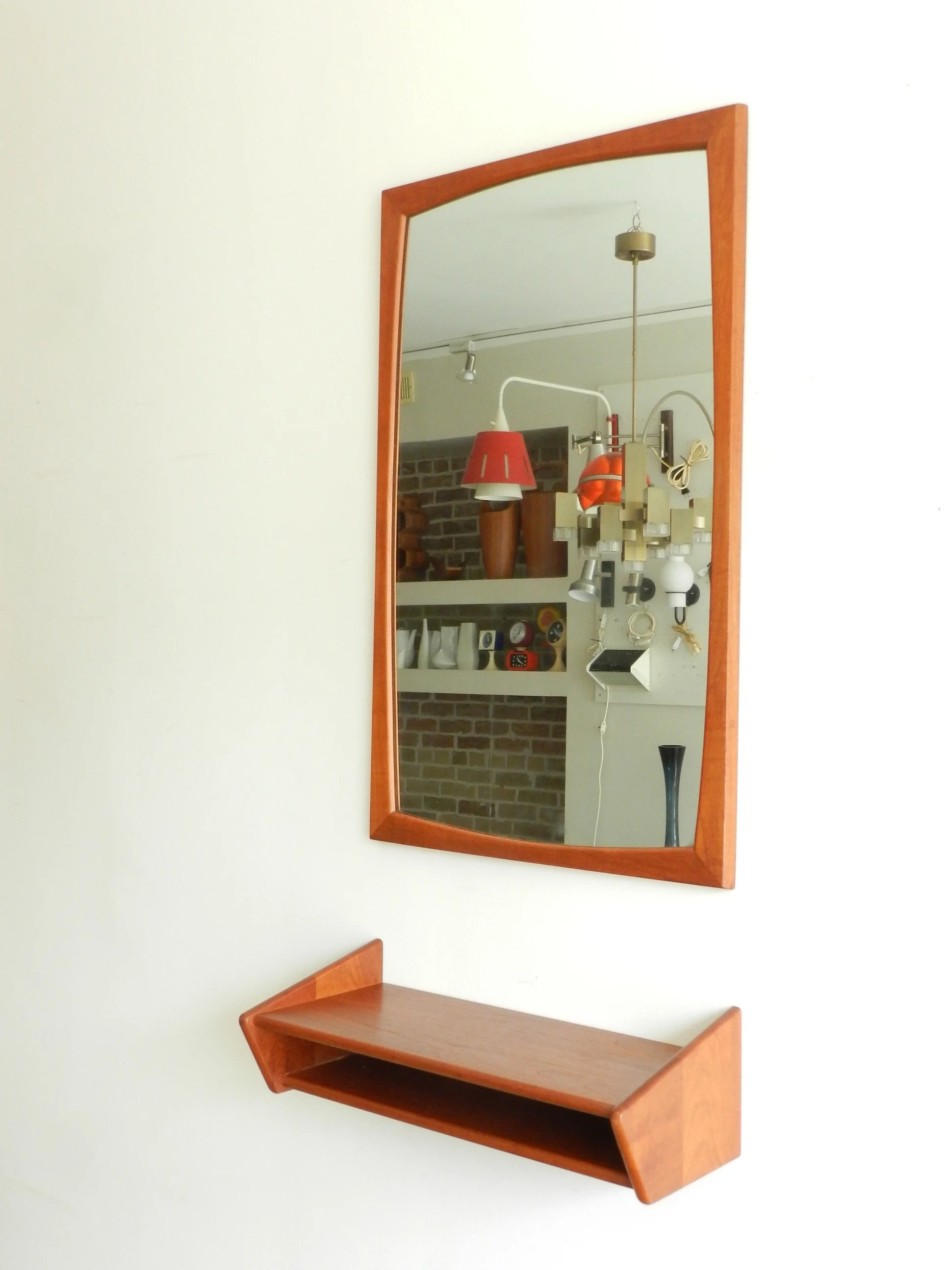 Teak entry mirror and shelf by Askel Kjersgaard.  Denmark, 1960s.