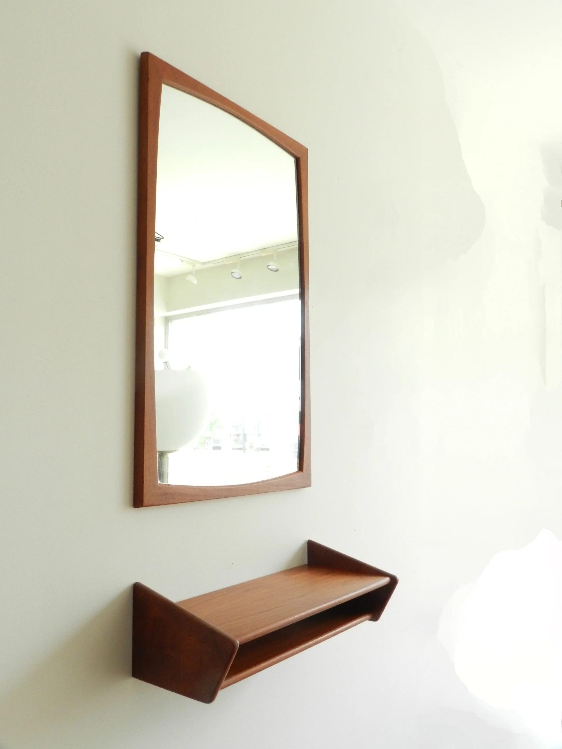 Teak entry mirror and shelf by Askel Kjersgaard.  Denmark, 1960s.