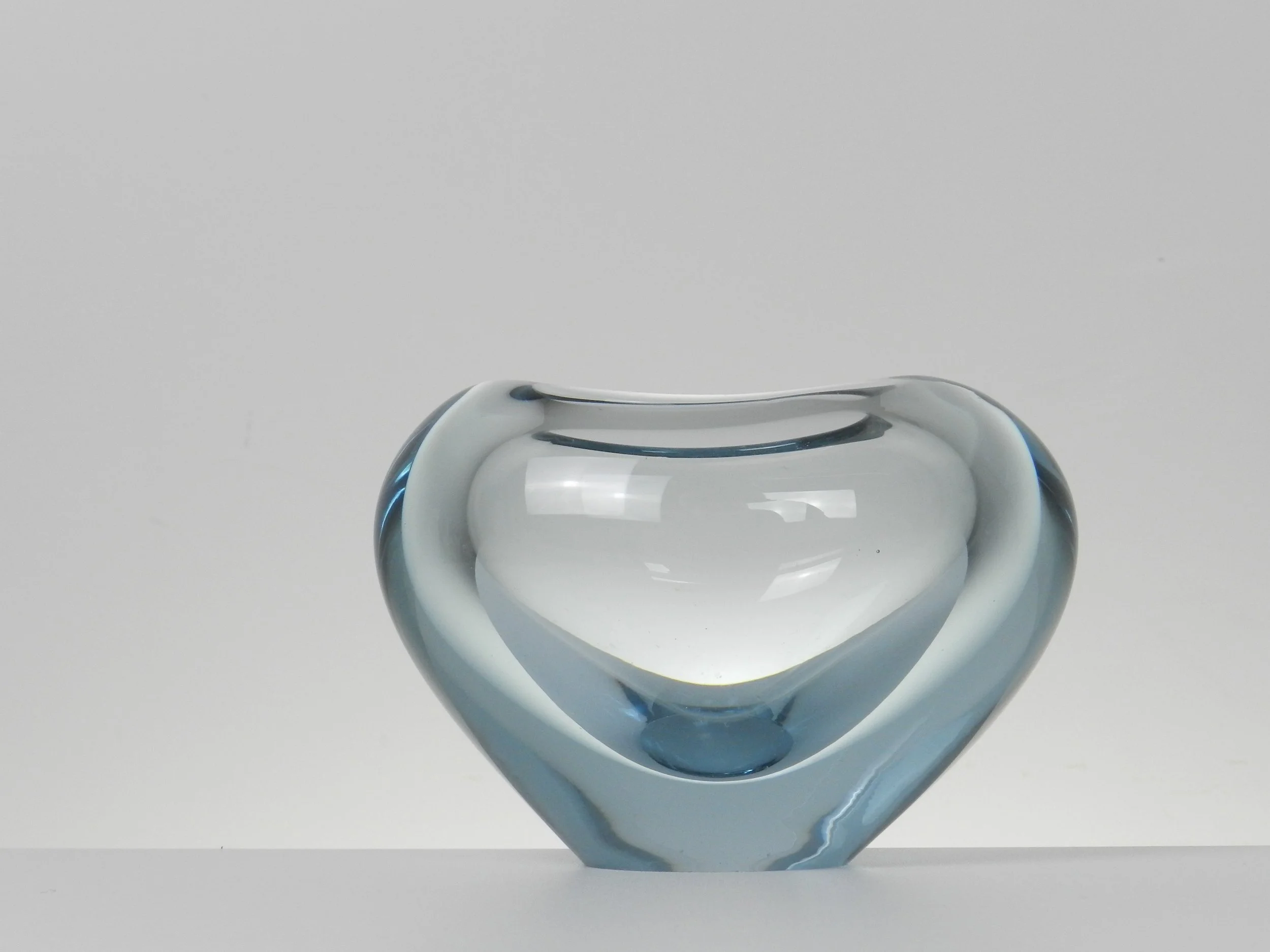 Blue glass heart vase designed by Per Lutken for Holmegaard.  Denmark, 1960.