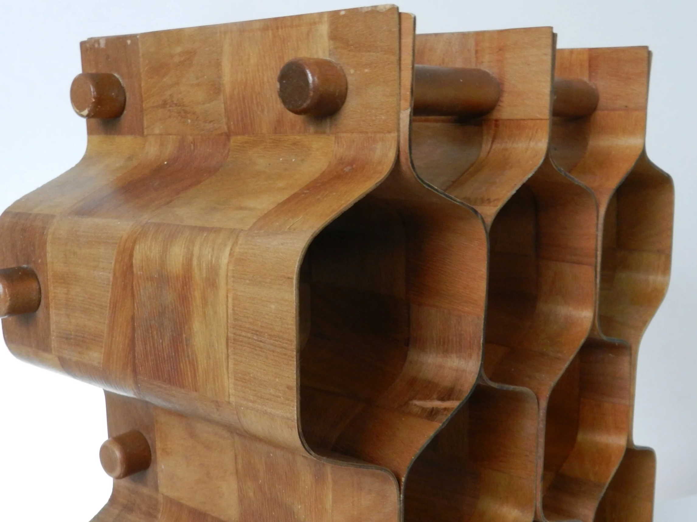 DBent wood wine rack designed by Torsten Johansson for Ab Formtra.  Sweden, 1960s.