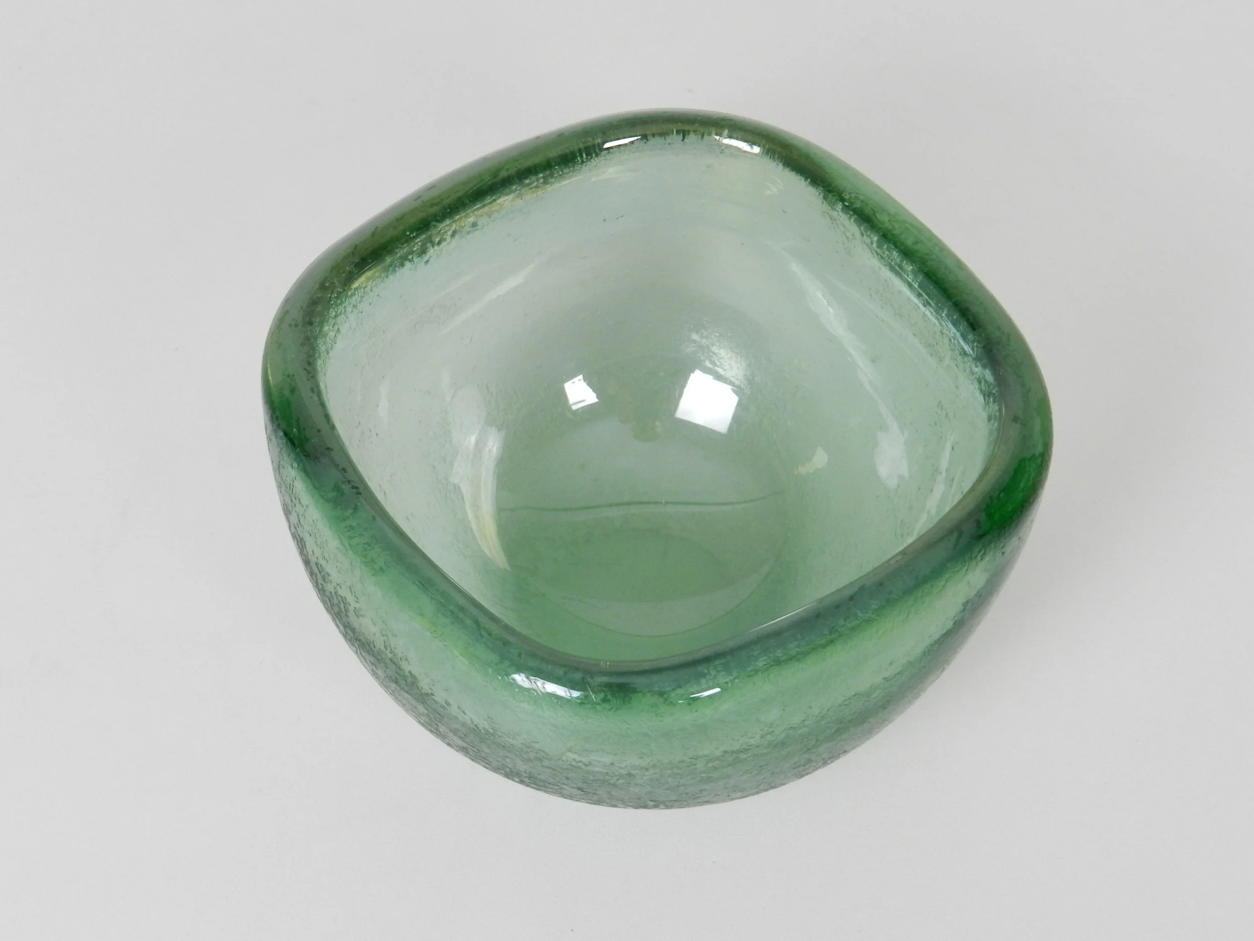 Murano glass ‘Corrosi’ bowl designed by Carlo Scarpa for Venini. Marked on bottom: Venini murano (acid stamp).  Italy, circa 1930s.  5 1/2” square x 3 1/2” high.