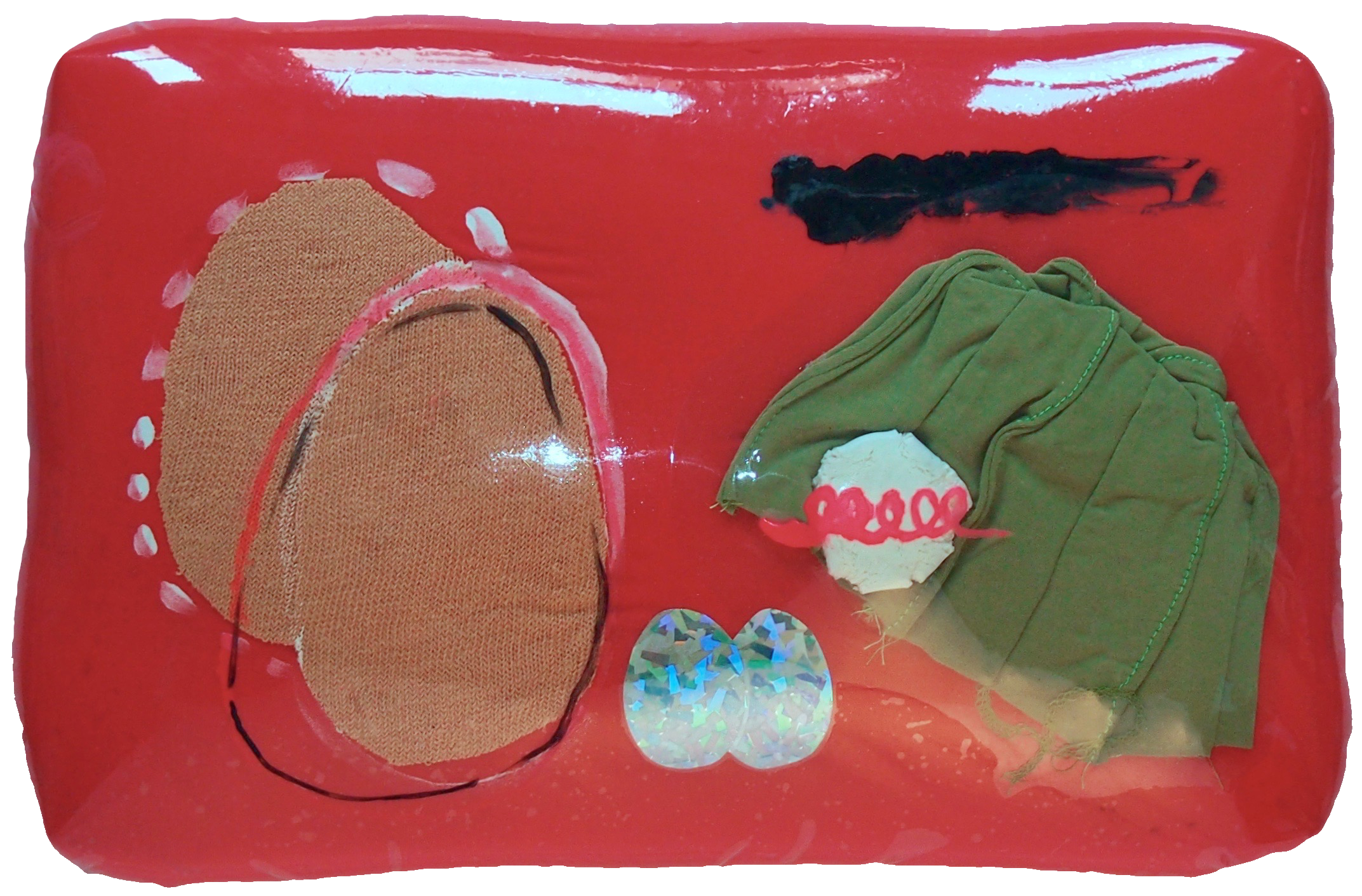 Sweet Tooth silk, cotton, vinyl, model magic, acrylic, mascara, liquid eyeliner 10 x 15 x 2 inches