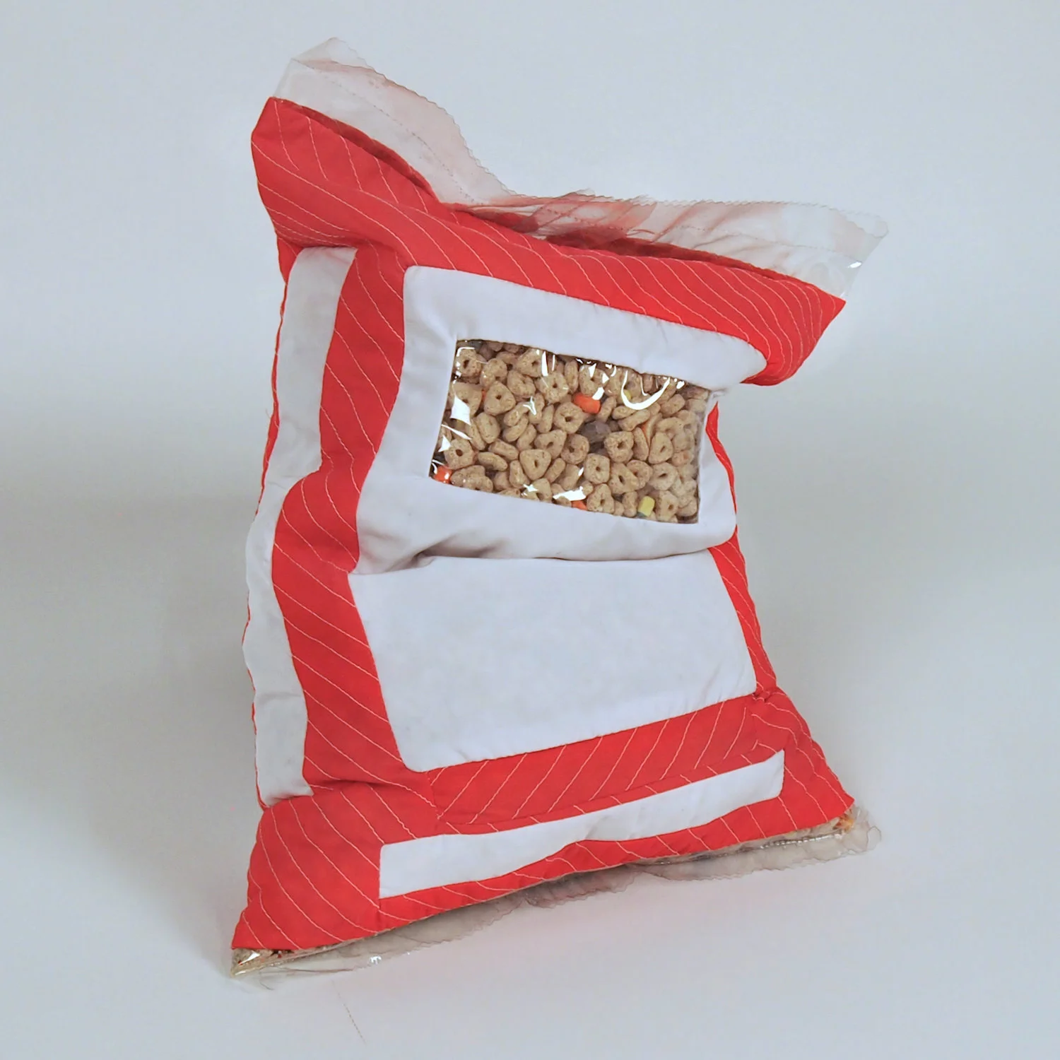 Happy Shapes (the breakfast) embroidered chiffon, vinyl, cast resin, cereal 19 x 12 x 5.5 inches
