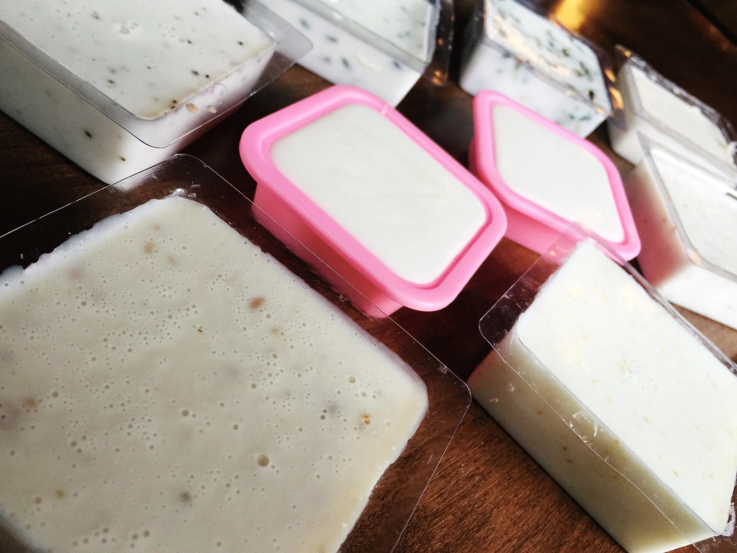 Tip: to get rid of the bubbles on the top of the soap, keep a spray bottle of rubbing alcohol handy and spray the top layer of the soap and the bubbles will disappear!