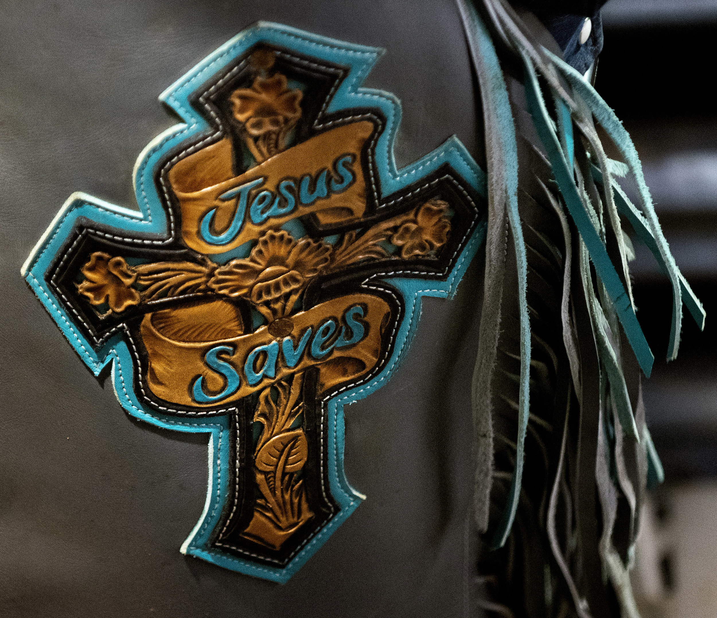  The chaps worn by bull rider John Mincey, of West Plains, Mo., at the rodeo. “I feel like God give me a talent to use to glorify him and be a light in this world,” Mincey said about why he competes in rodeos. “Whenever I meet him, you know, I want t