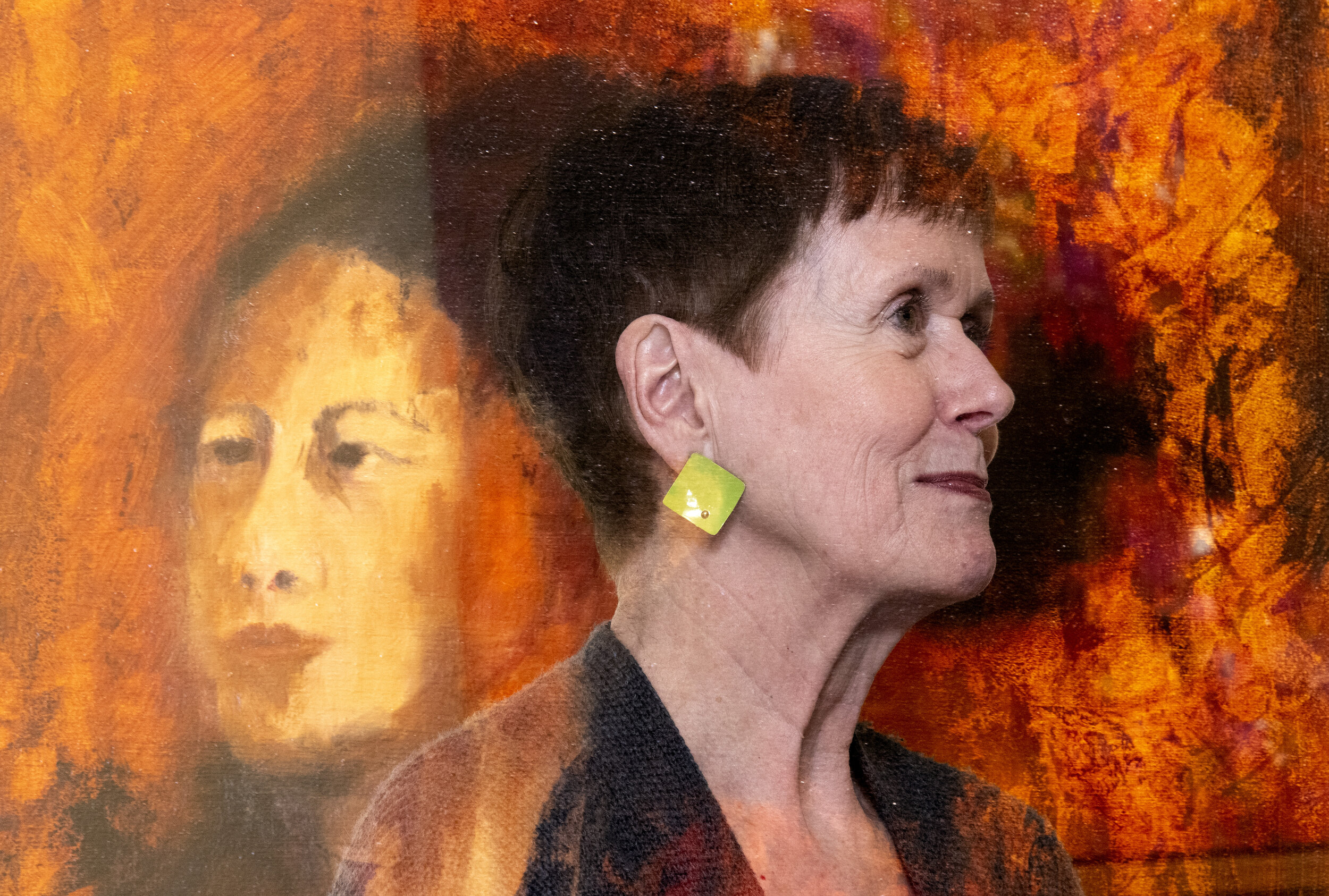  In this double-exposure portrait, local artist Caroline Thompson, originally of Kennett, Missouri, and now Cape Girardeau, is seen with one of her paintings of a model from an art class Tuesday, March 19, 2019, at Thompson's home in Cape Girardeau, 