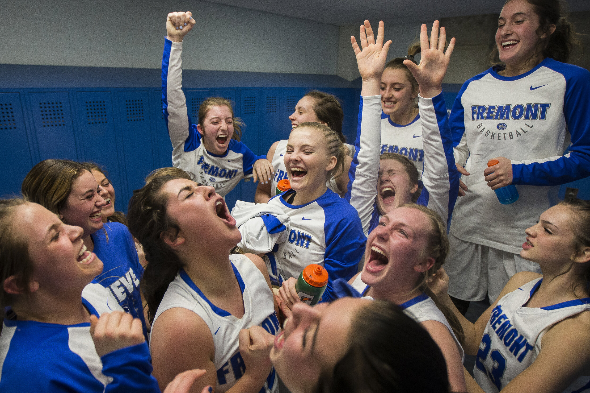  After a layup in the final seconds of the game from Karlie Valdez, the Fremont Silverwolves celebrate in the locker room after defeating Riverton 48-46 in the Class 6A state quarterfinals Feb. 22 at Salt Lake Community College in Taylorsville, Utah.