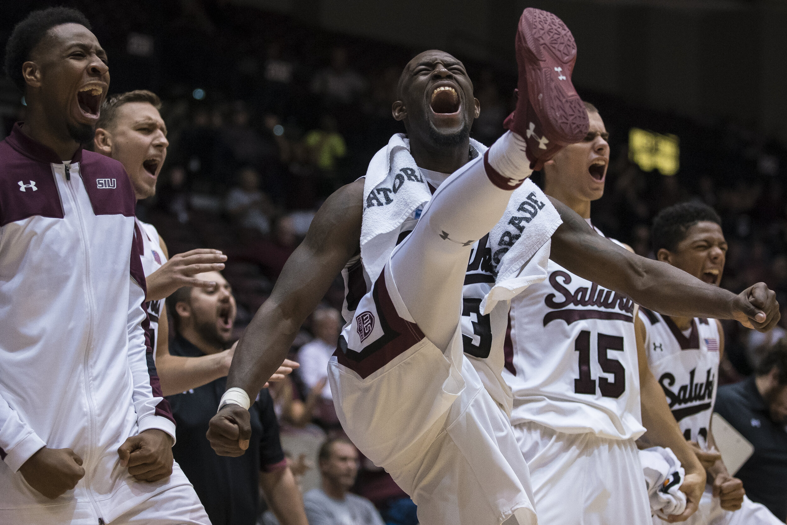 Southern Illinois sophomore guard Sean Lloyd kicks his leg into the air following a play near the conclusion of the Salukis' 72-67 exhibition victory against UMSL on Nov. 3 at SIU Aren in Carbondale, Illinois. Lloyd scored a team high 13 points in t