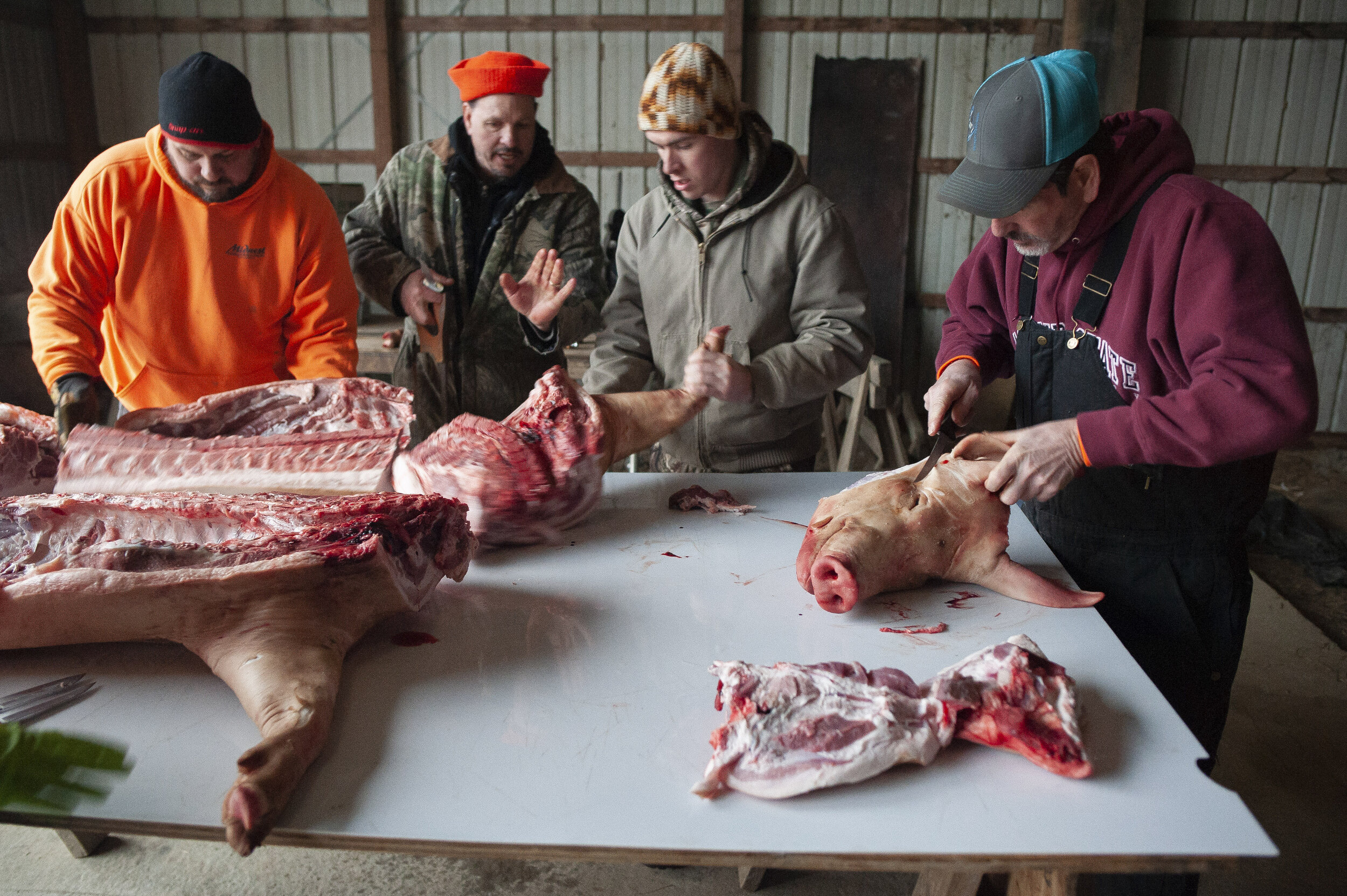  From left: Brian Leible, Mike Hotop, Mike's son Austin Hotop and Pat Hotop tend to butchering a hog. "I'm 53 and I don't ever remember a year not doing it," Mike,&nbsp;one of Rueben Hotop's 13 children,&nbsp;said. “Even when I was little my dad and 