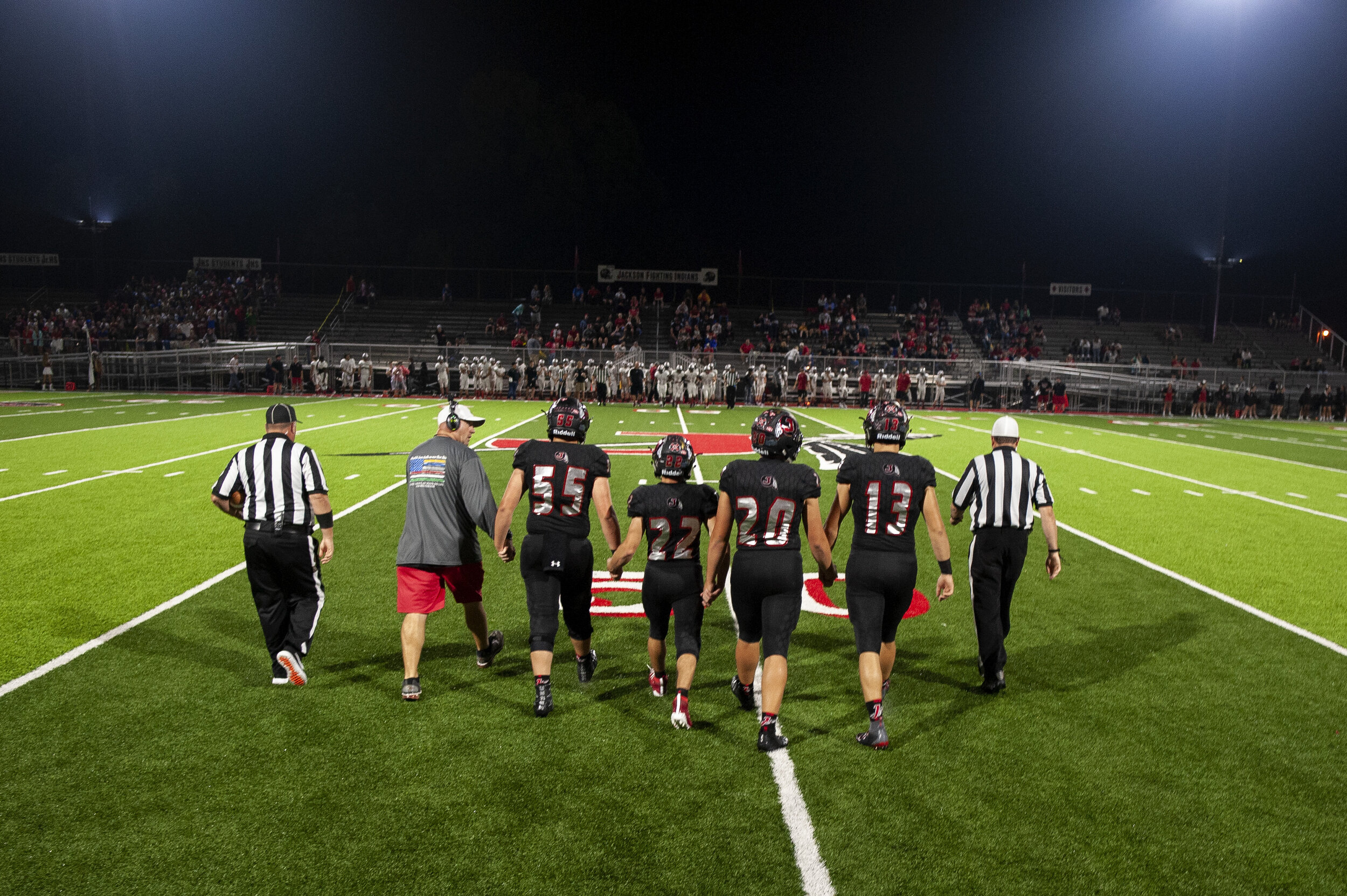  Jackson Indians take the field before the start of their matchup against the Sikeston Bulldogs on Friday, Sept. 20, 2019, in Jackson. Jackson defeated Sikeston 53-0.  