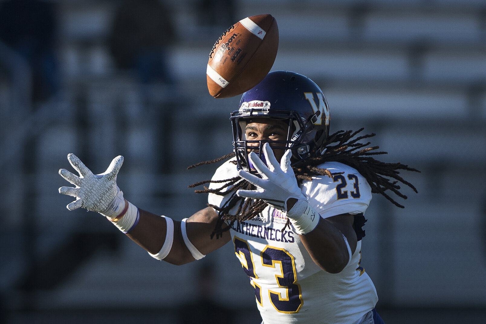  Leatherneck junior defensive back Josh Smith attempts to grab the ball during the first half of the Salukis’ matchup against WIU on Nov. 19 at Saluki Stadium in Carbondale, Illinois. 