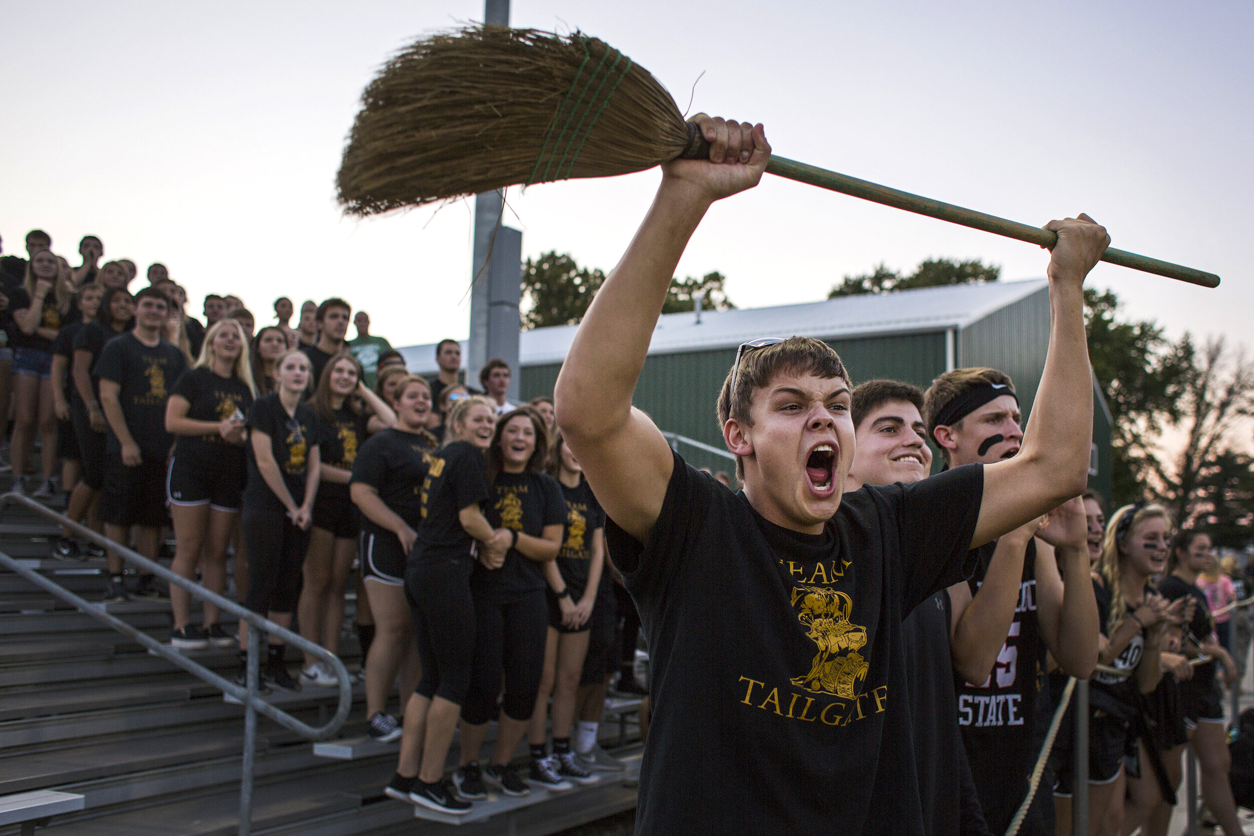  Jasper senior Jay Fritch utilized a broomstick as he cheered for the Wildcats on Sept. 15 during the team's 33-20 loss to Vincennes Lincoln in Vincennes, Indiana. Fritch said the purpose of the broom was "to clean up the mess."  