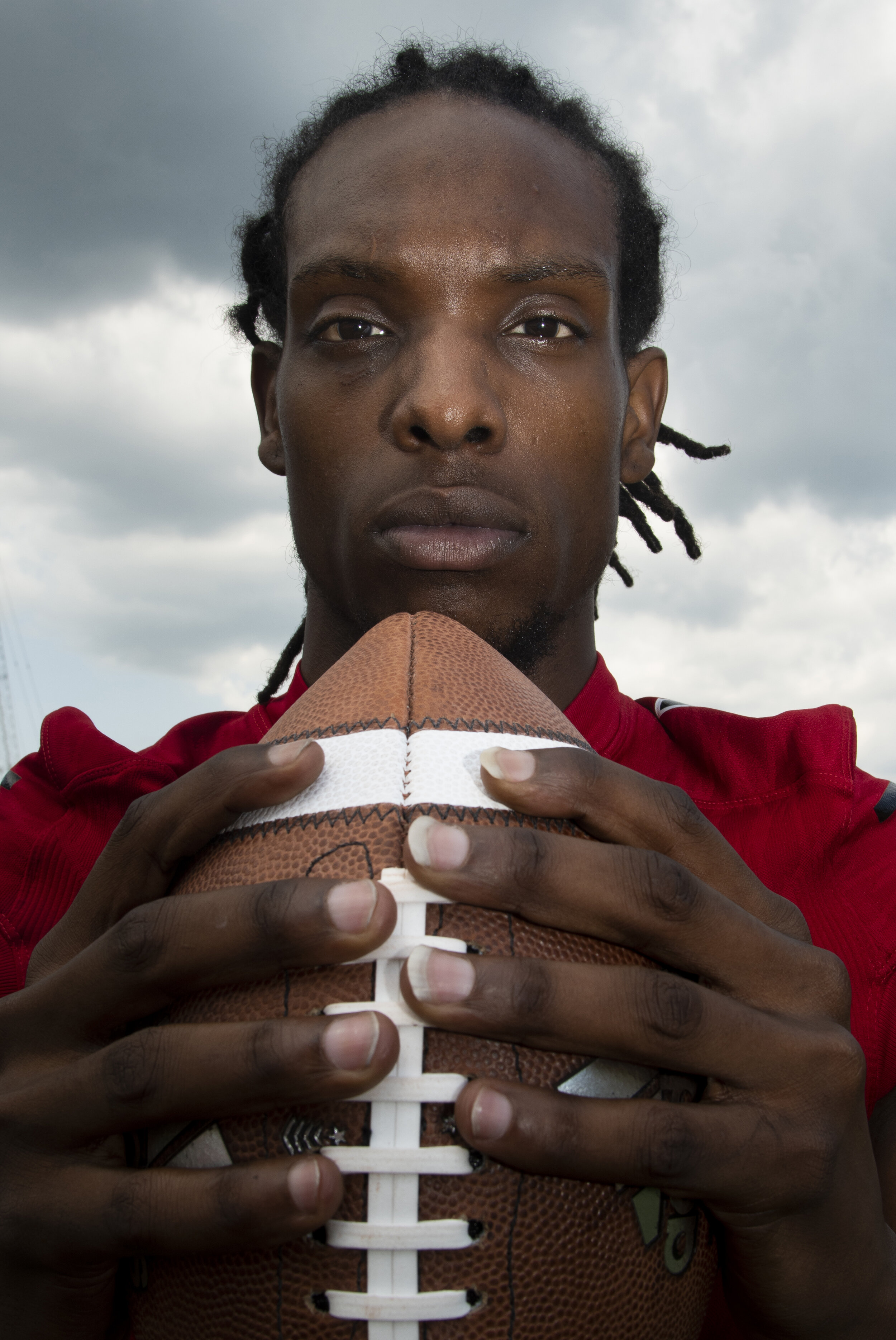  Arkansas State University wide receiver Dahu Green (4) poses for a portrait during ASU's football media day at Centennial Bank Stadium on Aug. 2 in Jonesboro, Arkansas.  