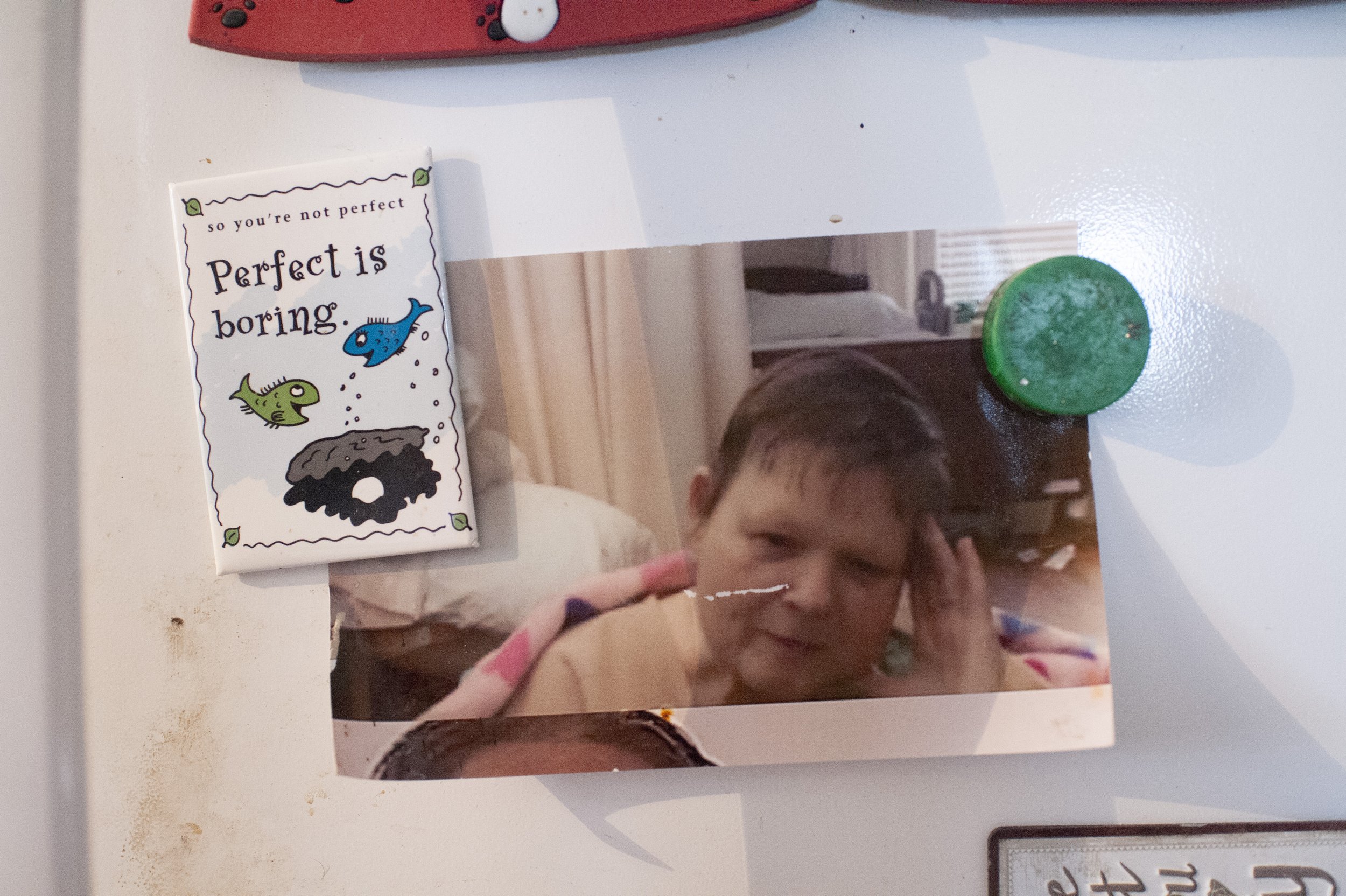  A picture of Mary’s mother, Bea Roelofsz, hangs on a refrigerator in Mary’s home. Bea never lived at Dreamers’ Farm before her death in January of 2019, but she’s the other dreamer in the farm’s name. “I have her picture on my refrigerator and if I’