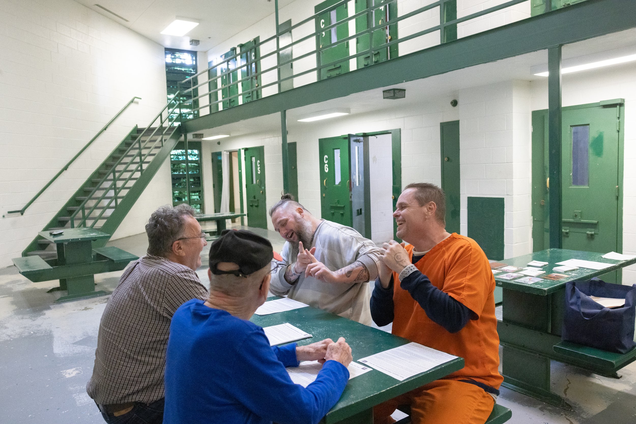  Perry County Jail inmates James Tiller and Charles Blakey took part in a Bible study with Mark Renaud and John Gahan on Feb. 27 at the Perry County Jail in Perryville, Missouri. Renaud and Gahan are part of a group of volunteers with the Society of 