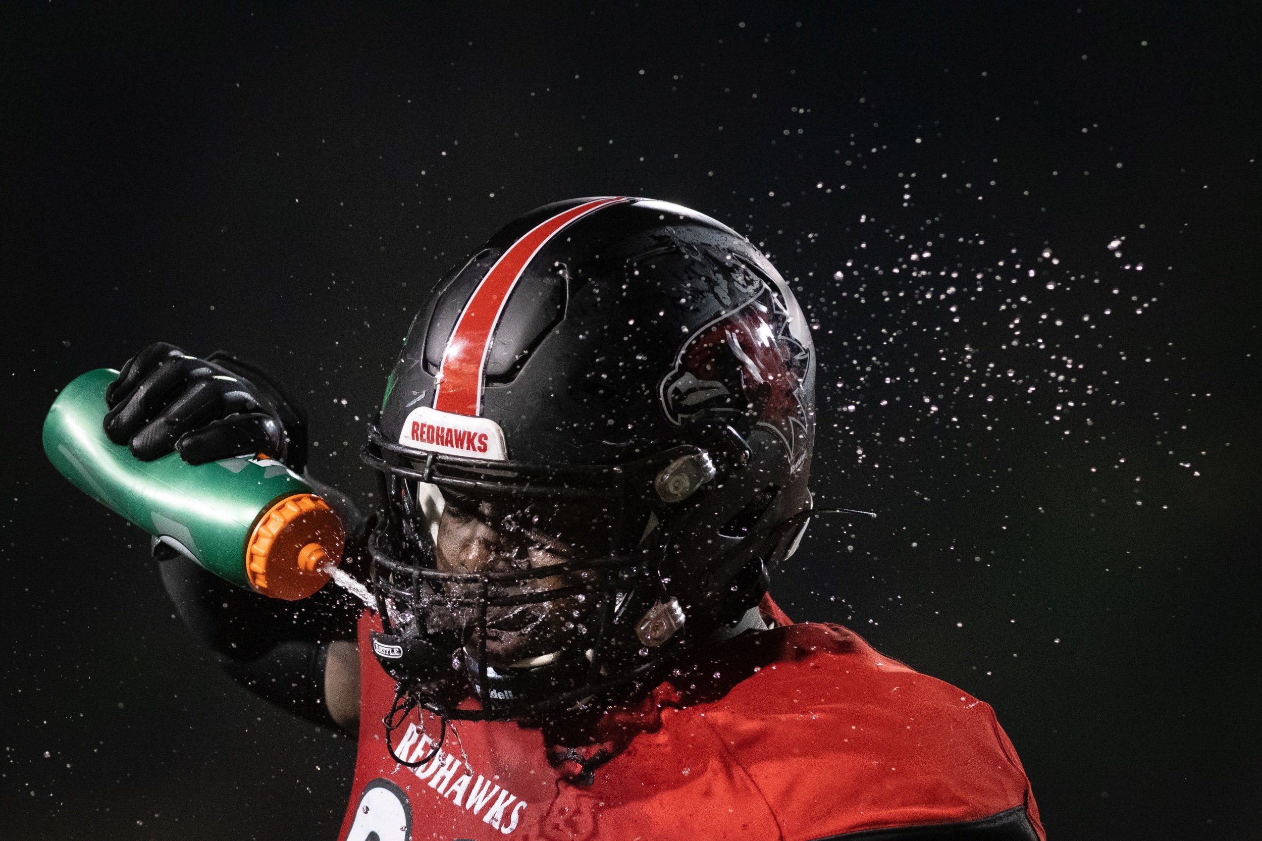  Southeast Missouri State defensive lineman Daterraion Richardson (99) gets a drink during the Redhawks' 43-37 double-overtime win against the Tennessee Tech Golden Eagles on Oct. 5 at Houck Stadium in Cape Girardeau, Missouri. 
