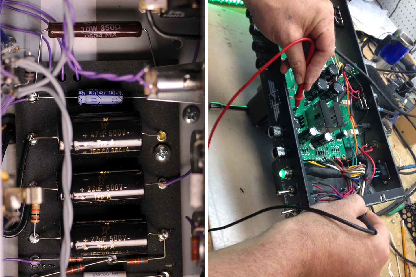 LEFT: Eyelet Board hand-wired construction / RIGHT: PCB hand-assembly construction