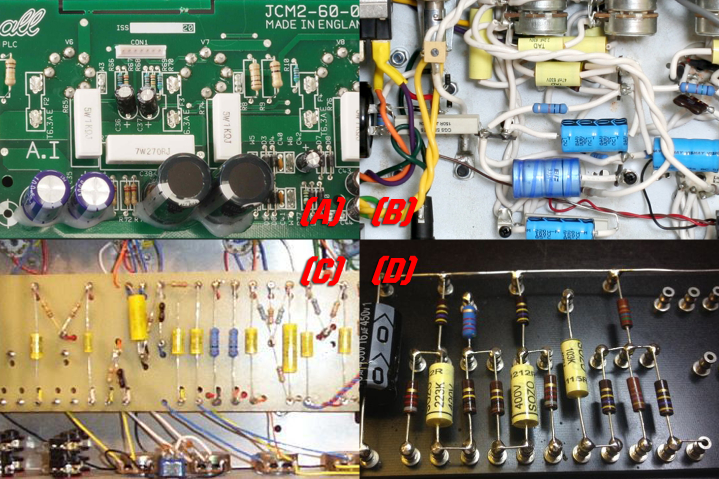 Image 1. (A) PCB, (B) Hand-wired, (C) Eyelet board, (D) Turret board