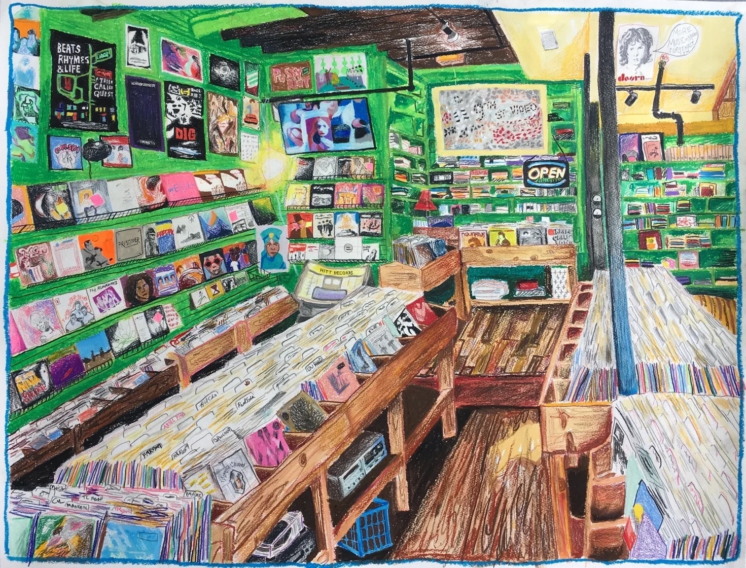  COMMISSION DRAWING FOR HITT RECORDS  OIL PASTEL AND COLORED PENCIL ON PAPER  APPROX 24x29 INCHES 